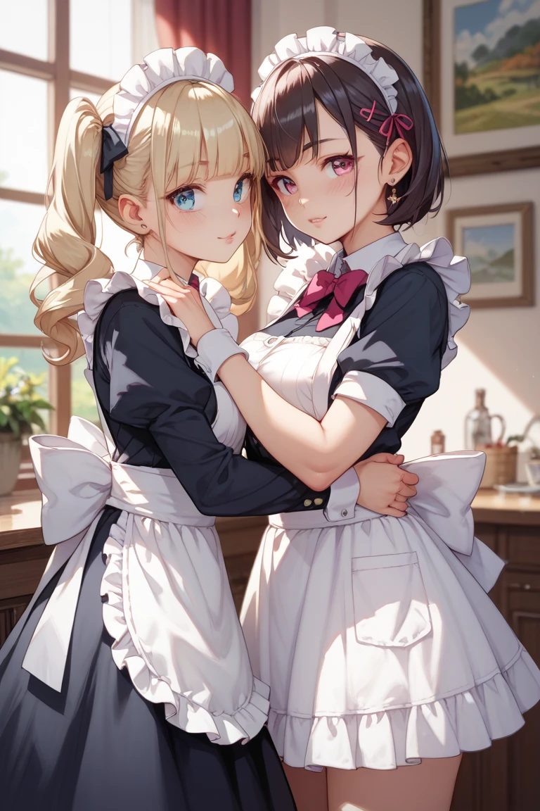 highest quality、masterpiece、((2 girls))、((smile:1.3))、(blush:1.3)、Black Shirt、blouse、((fun!!))、(Small breasts)、(One-strand braid)、(Blonde)、()、((White apron:1.5))、((Maid))、((hair ornaments)),、Kamimei、look at me、 ((in house:1.5))、 Taking a break from watching the audience、Cowboy Shot、(Skirt lift:1.3),(Highly detailed white panties:1.3)、(Highly detailed panties:1.3)、、(スカート that rolls up:1.3)、(Panties fully exposed:1.5)、Light blue eyes、long hair、((spoken heart:1.5))