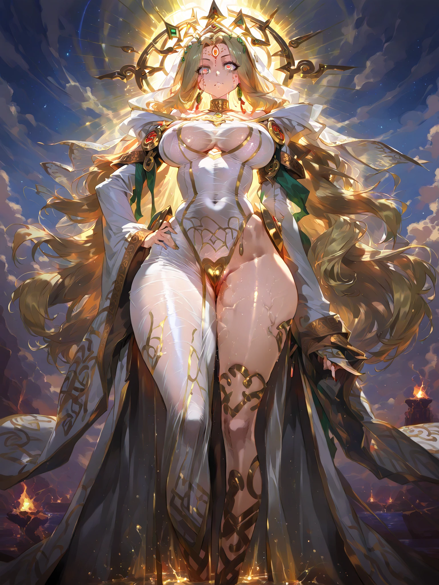 ((sexy tall supermodel)) ((beautiful face)) (red lipstick) ((big bright eyes)) ((very long blonde messy hair with long bangs covering one eye)) ((pale skin)) ((very huge breast:1.5)) (perfect body:1.3) ((wears tiny string thong)) ((sexy gold armour, big metallic wings ornamented with gold)) ((fantasy stocking, high heels boots, gauntlets, crown, backside half skirt))((wield magic long sword)) ((sexy supermodel posing inside photo studio for camera epic photoshoot, light of reflector over her, fantasy decoration, magic crystals))(high resolution, dynamic shadows)((photorealistic:1.5)) ((masterpiece:1.3)) (8k) (perfect face) (best quality) (perfect hands and eyes)