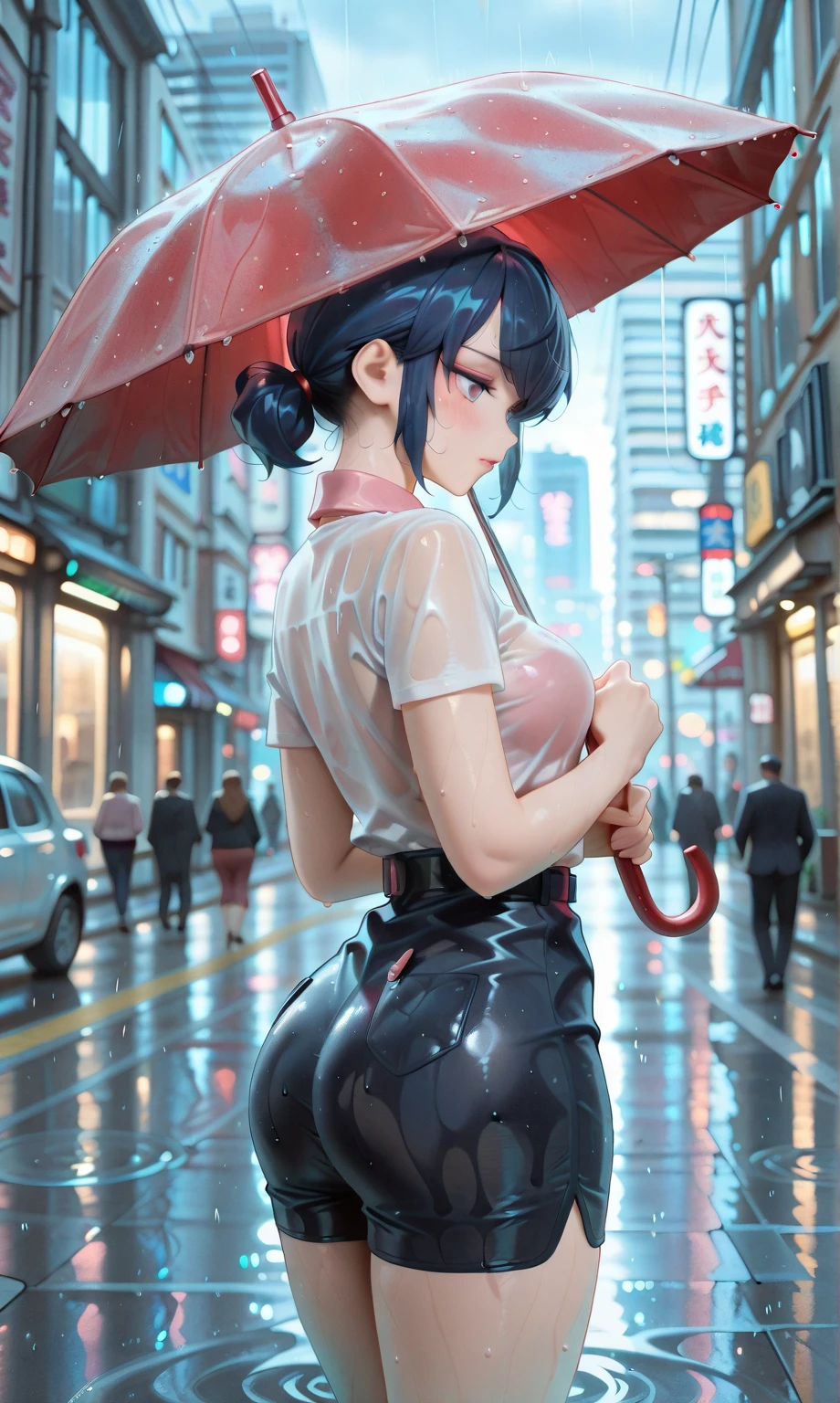 ((Masterpiece, top quality, high resolution)), ((highly detailed CG unified 8K wallpaper)), (huge stunning goddess shot, very hot and sexy, jaw-dropping beauty, perfect proportions, beautiful body, slim body beauty:1.1), people walking in the rain with umbrellas on the street, heavy rain, heavy downpour, heavy rain falling, dense rain, straight heavy rain, heavy rain at tokyo night, rainy, heavy rain, rainy weather, heavy rain from thick clouds, rain and viscous thick strands, foggy heavy rain, holding umbrellas, View from behind,, fully body, oiled up body, naked, big tits and ass, tight waist, orgasm, nsfw