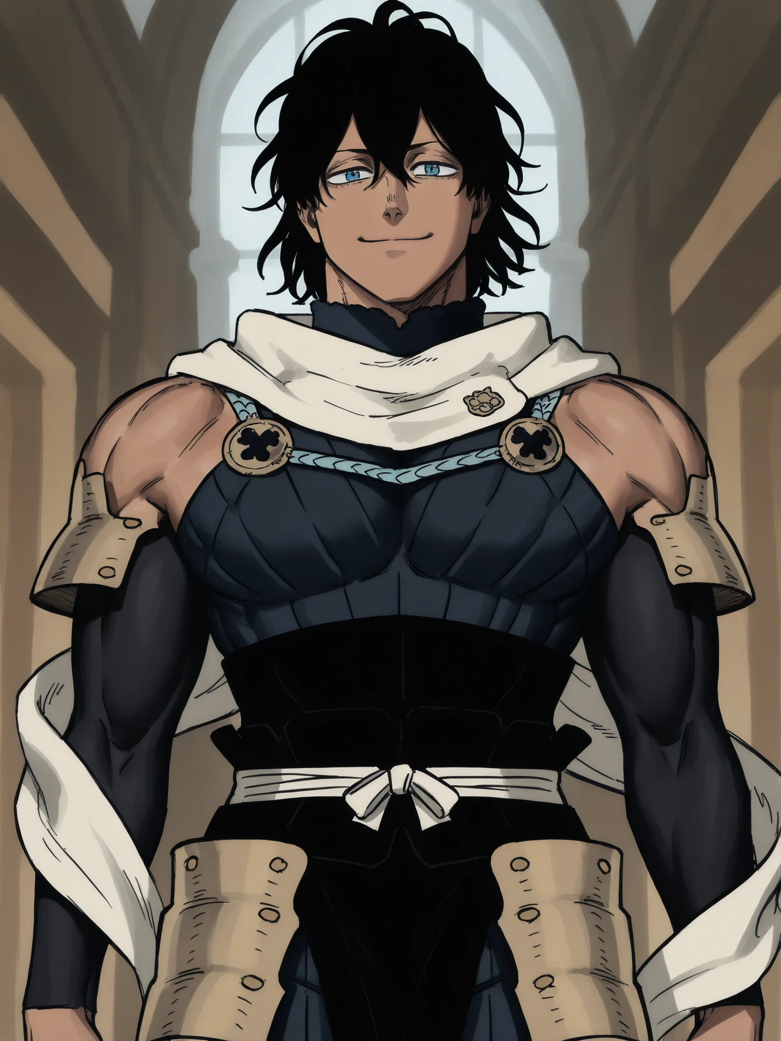 (((seme,muscular,muscular male,large pectorals,))), ((mature male)), ((fantasy clothing)), ((father)), ((flowing scarf)), ((armor)), ((dark skin)), ((black hair)), ((blue eyes)), ((hair down)), ((muscular arms)), ((closed smile)), ((in the artstyle of Black Clover)),((daytime background)), 1boy, beautifully drawn, high resolution illustration, best quality, High definition, ((detailed anime sketch)), Masterpiece, (solo), absurdres, ((cowboy shot)), ((short hair)), detailed background, fine detail, male focus, HDR,