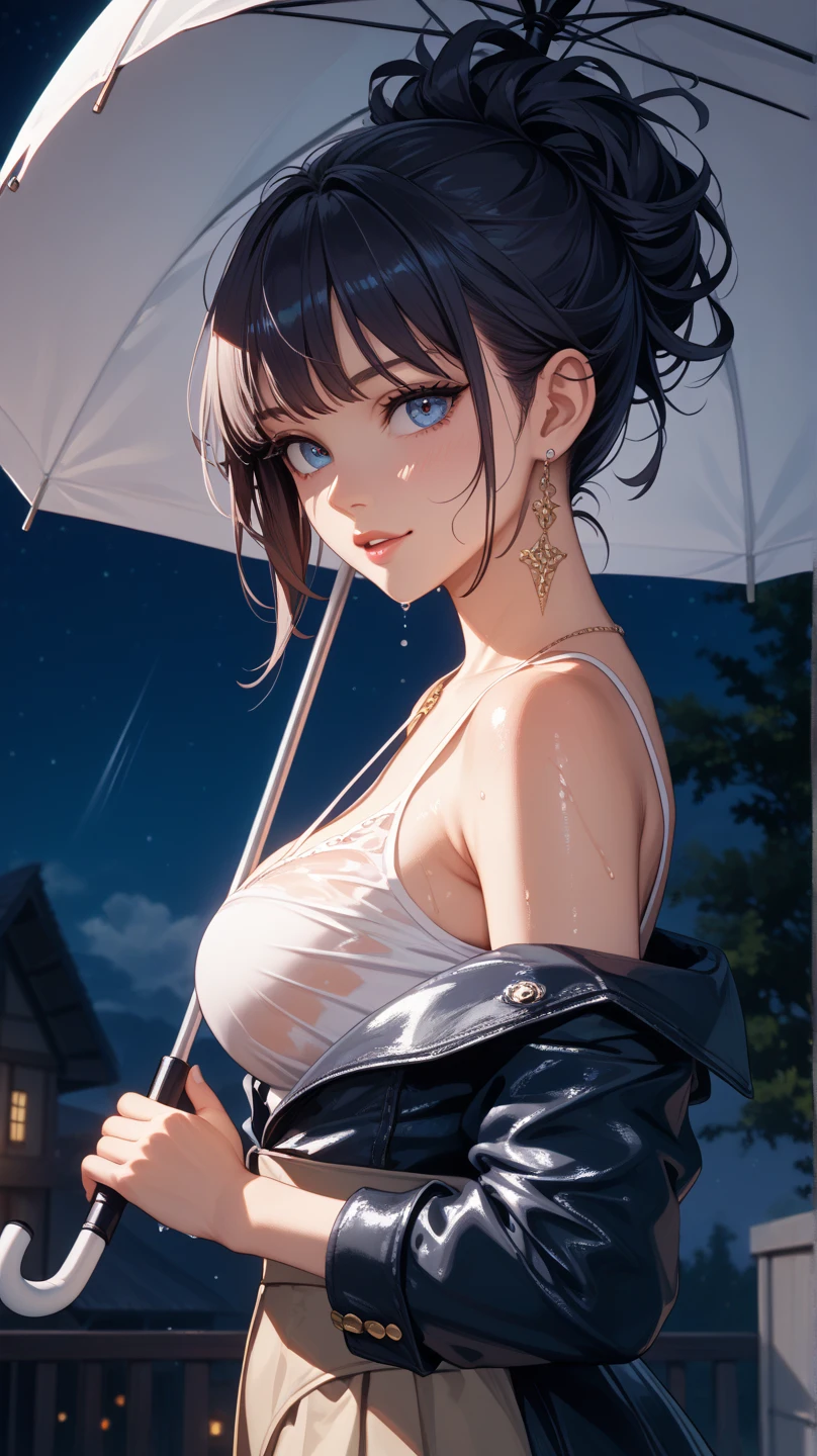 (Leica 10772 M-P, 85mm macro lens, F/8 aperture, film still), (RAW shooting, Photoreal:1.5, 8K, highest quality, masterpiece, ultra high resolution), city background, Highly detailed skin and facial textures:1.2, Japanese girl, (Fox eyes:1.2), 22 years old, straight hair, Fair skin, white skin, Emphasize the cleavage, super short cut hair, (blunt bangs:1.5), (black hair:1.3), (silk dress:1.3), (super tight dress:1.3), (rain drips all over my body:1.2, wet body:1.4, wet black hair:1.3), (Bra and Garter Belt Set see-through:1.2), squinting dazzlingly, milk, milky white, beautiful black eyes, (sweat like a pig:1.3), colossal tits, (angry:1.3), (wearing Fishnet bodystocking:1.2), Seductive pose