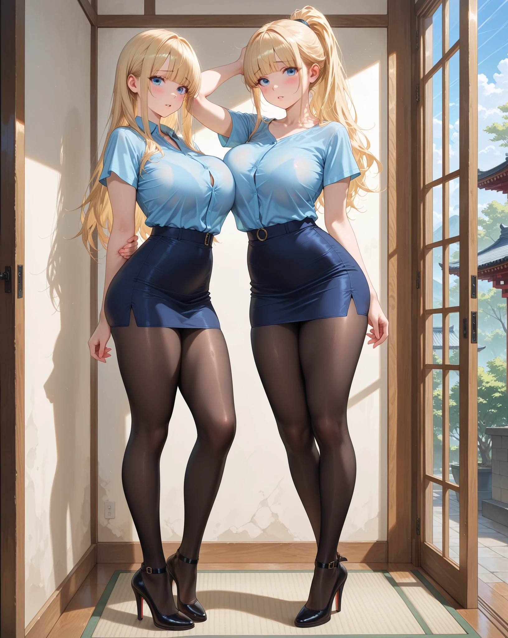 blonde short hair,Large Breasts,White vest,Black tights,,Denim skirt,ruined city,Damaged clothes and pants,