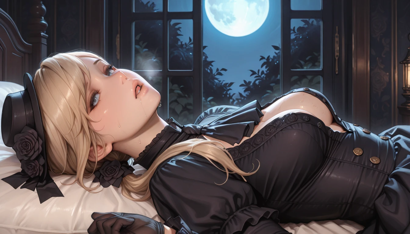 1girl,Spider weaves a net on a girl, very realistic, very detailed,bed,stretched, dark cave, struggle in the net,brown haired, very long sheer skirt,lying down,(blindfold:1.4),