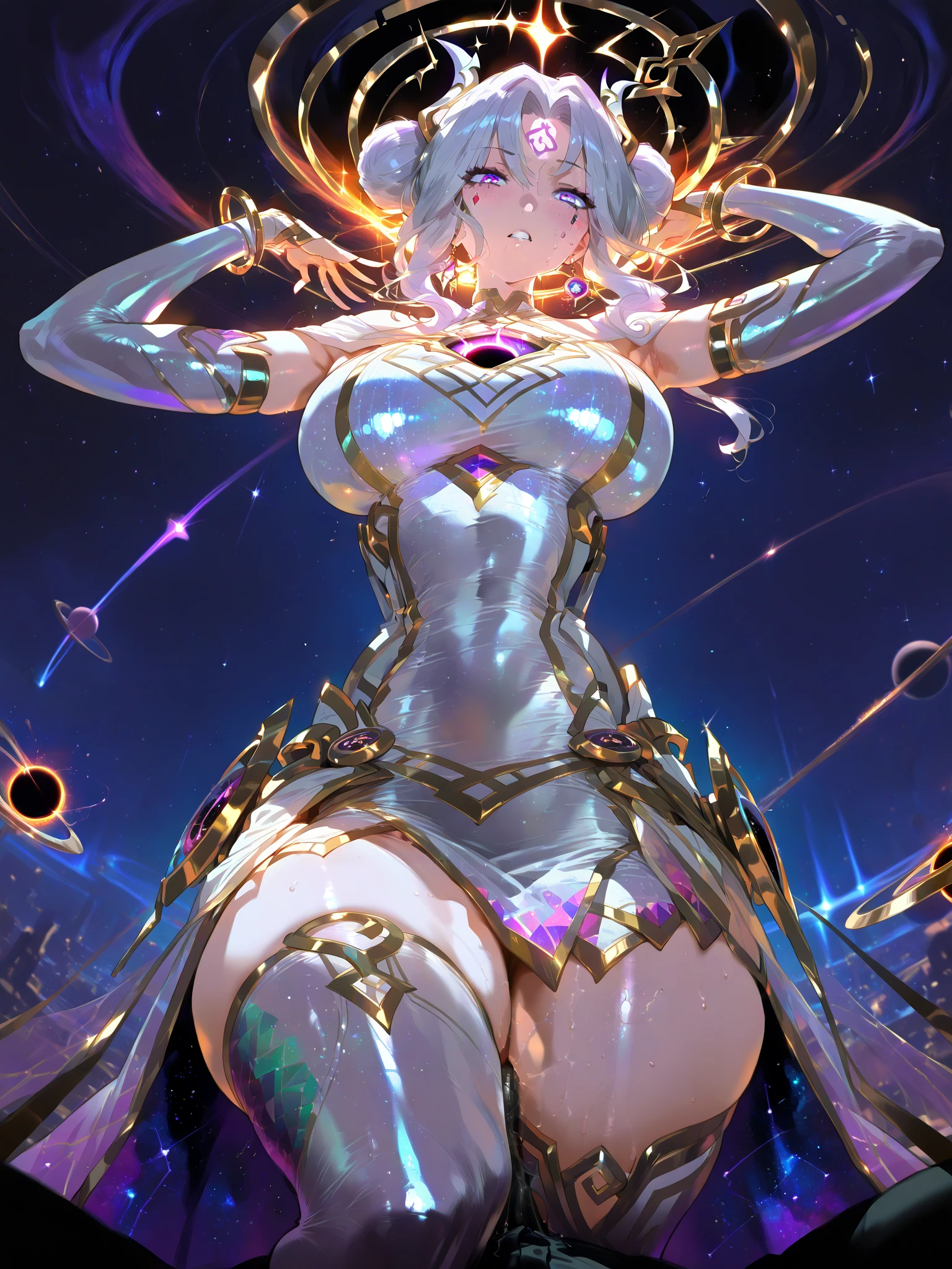 masterpiece portrait beautiful girl galactic goddess, glitter skin, action movie fighting posture, weightless floating hair shimmering, natural tear breasts: 0.8, bright eyes, hovering, holding the universe, ethereal, hallucination, powerful legs, creation, best quality, 2050, 8k, HDR, lut, accretion disk, nebula, supernova,