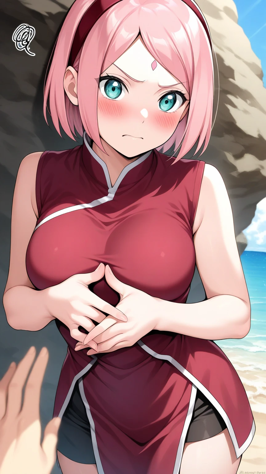 ((masterpiece)), ((best quality)), absurdres, topless, large breasts, collarbone, arms behind back, nude, nipples
