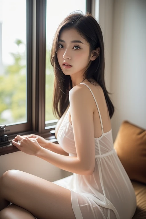 bzcdress ((Visible cleavage)), ((E-cup)), ((I-type Valley)), ((Warm colors)), ((A person from mid-calf upwards)), Medium shot, A beautiful woman sits on a chair,Elegant posture,Slender figure。Her legs are slender and straight,Cross placement,Forming a perfect diagonal composition。Her upper body leaned back slightly,Head gently sideways,Long blond hair falls naturally,Gently brushing her shoulders。Soft colors,In stark contrast to her fair skin。The edge of the skirt ripples gently,As if swaying in the breeze。Her eyes were gentle,There is a faint smile on the lips。A sunny room in the background,The sunlight coming in through the window casts soft shadows on her face and body.,The whole picture looks very harmonious and beautiful