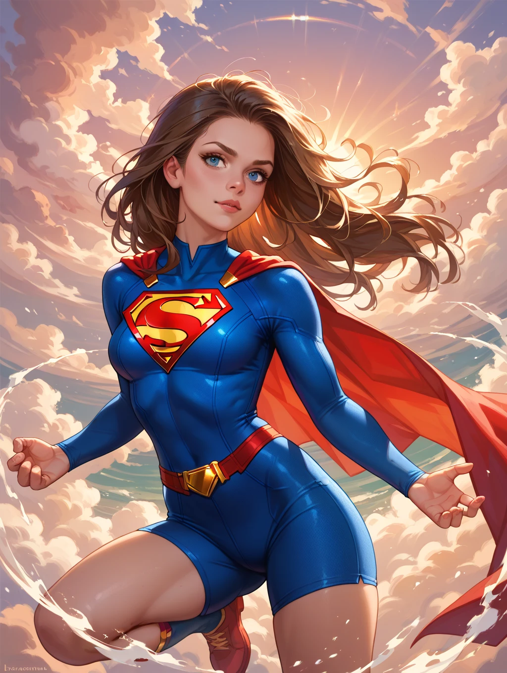 Nijistyle, muscular superheroine, corpo perfeito e proporcional, pose sexy, corpo inteiro, estrelas de 5 pontas, garota sorridente de cabelo super curto loiro, American influence, wearing Captain America's outfit, Michael Creese, usando um escudo redondo, Michael Hussar, fundo branco, short cut, roupa azul vermelho e branco, melhor qualidade, alta qualidade, foto editorial, absurdres, obra-prima, detalhe intrincado, grain of film, suas delicadas faculdades humanas seguram as notas ilustradas 2D, detalhe 4k, passo a passo