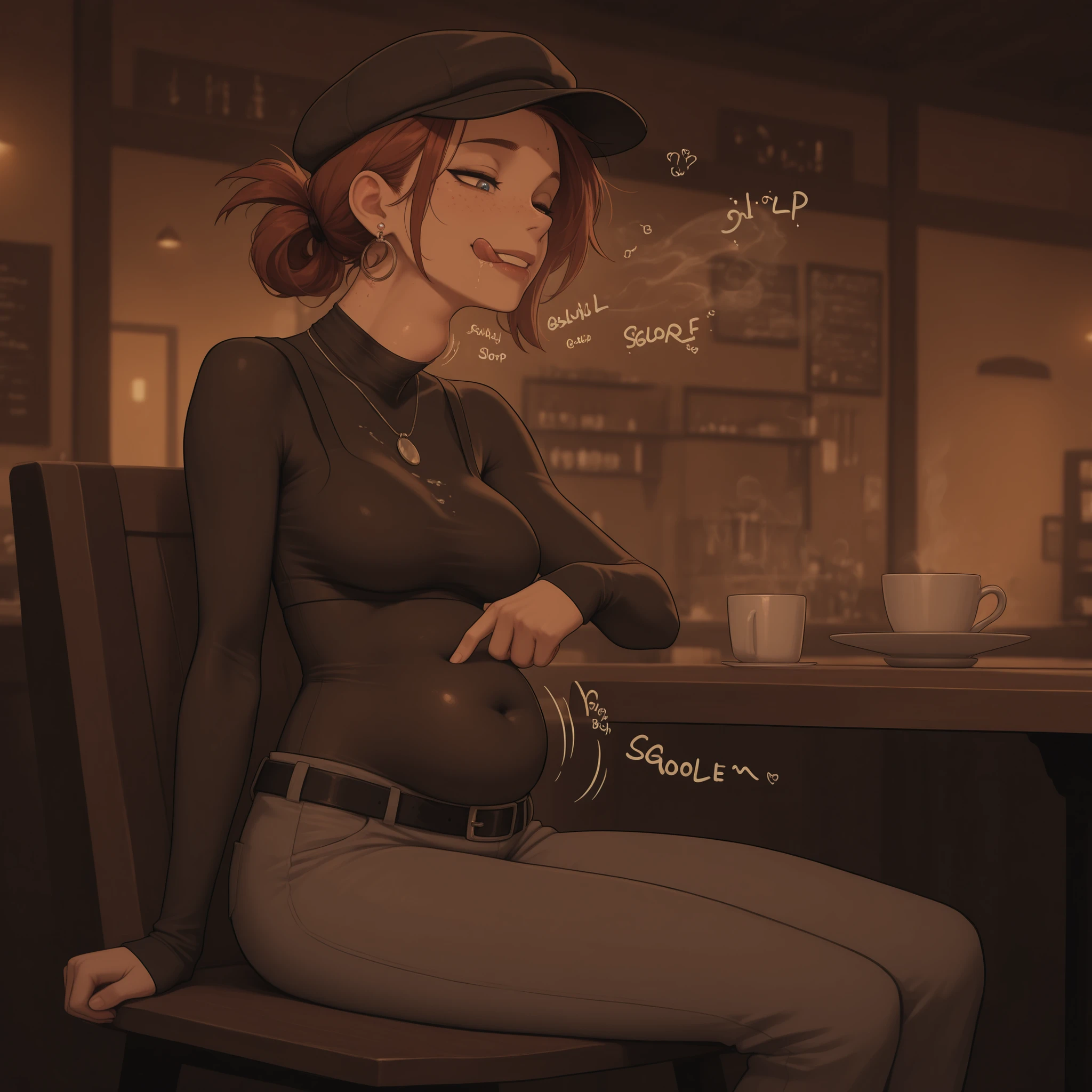 masterpiece, high quality, best quality,
café, stylish hat, stylish clothes, belt, tied hair, earrings, necklace,
fully dressed, covered navel, belly concealed by clothes,
visible forehead, freckles, moles, detailed eyes, detailed lips,
slim body, slim waist, slim belly, skinny, athletic, slight muscles, medium breasts,
licking her lips, sitting, folded legs, swallowing, neck bulge,
she places her finger on her belly above the navel, index finger on her own belly, one finger pointing to her own belly, poking her own belly, she points to her own belly,
digestion SFX, "gurgle" and "slosh" and "glorp" sound effects from her stomach,