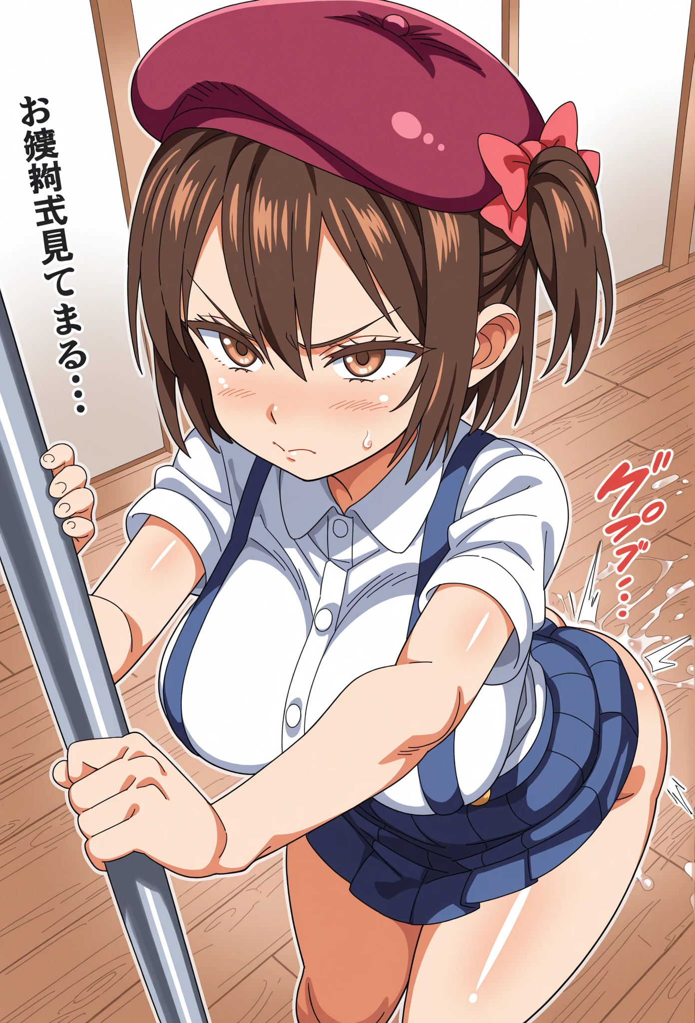 score_10, score_9, score_8_up, score_7_up, BREAK, source_anime, anime screencap, anime coloring, detailed face, 1girl, TachibanaKotoha, brown hair, medium hair, forehead, amber eyes, hair behind ear, earrings, mole under eye, (wearing sexy frilled pink micro maid bikini, maid katyusha, waist apron, pink collar, pink cuffs, pink zettai ryouiki thighhighs, thigh gap, groin, partially visible vulva, wedgie, undersized clothes), indoor, standing at the kitchen, holding dildos, warts,dildo, frown, angry, full-face blush, trembling, clenched teeth, looking at viewer, house, thigh gap, unshaven hairy natural armpit hair, unshaven hairy natural public hair, skinny, large breasts, erect nipples