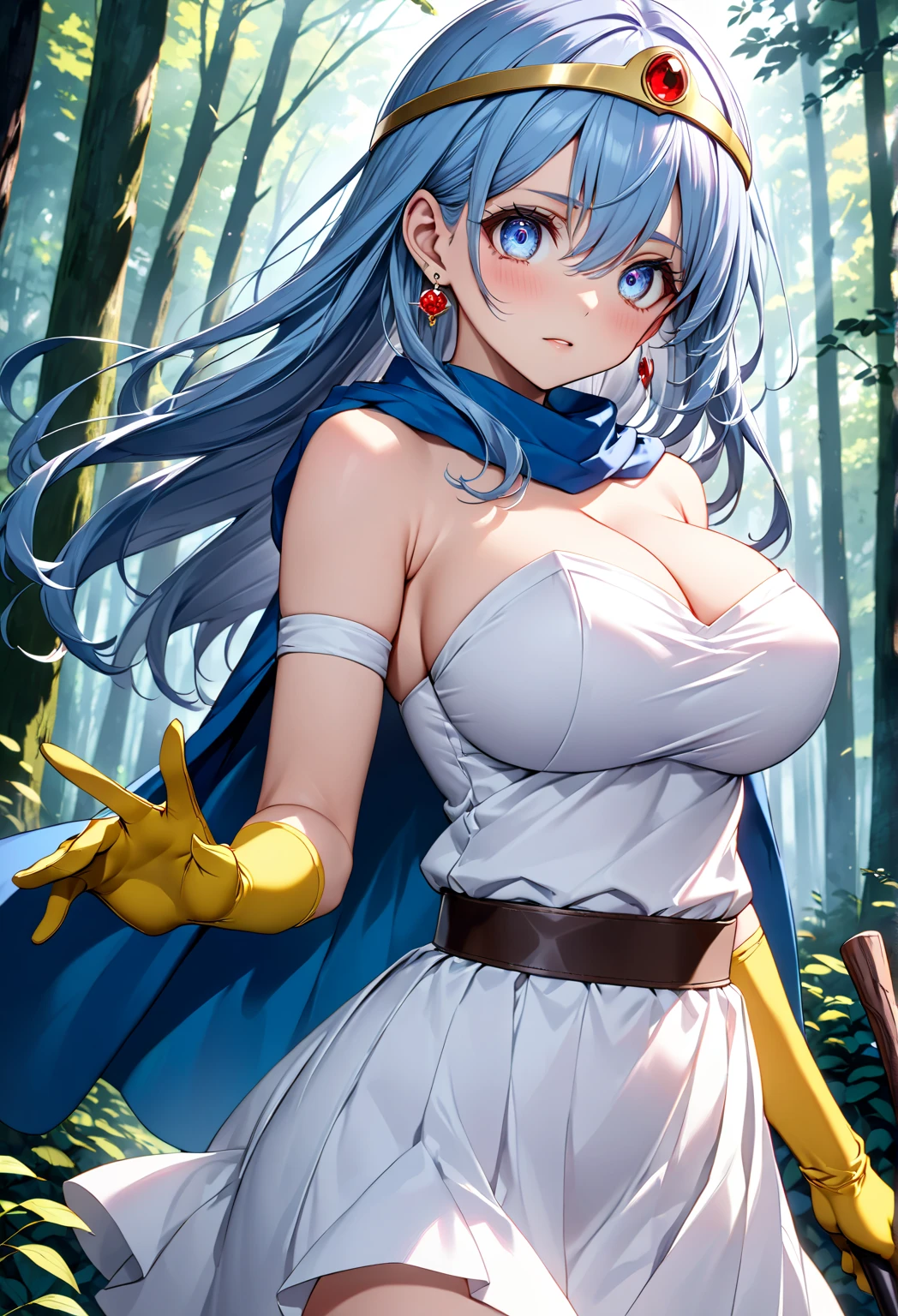 (A woman is walking, Windでスカートがめくれている, White panties:1:3), Beautiful Anime Woman, Beautiful art style, Anime characters, ((Smooth texture, Realistic texture, Anime CG Style)), ((Highest quality)), (Very detailed), (Very detailed CG 統合 8k 壁紙), Very detailed, High-resolution RAW color photos, Professional photography, masterpiece, Highest quality, Beautiful and big breasts, Slender body, (Stunningly beautiful woman), (Detailed face:1.2), (Blue Hair, White Dress, White mini skirt, belt, Yellow Circlet, Cleavage, Blue Cape), Outdoor, nature, Wind, Perfect lighting, Perfect Shadow, Exact number of arms, Exact number of legs, Perfect Anatomy, Exact finger count、Exact number of legs、(Exact number of arms:1.0, Exact number of hands:1.0), (Perfect hands, Perfect Anatomy), (Embarrassed expression), Angle from the front
