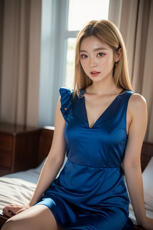 (photoRealstic:1.4)、(hyper realisitic:1.4)、(realisitic:1.3)、(Smooth lighting:1.05)、(Improved cinematic lighting:0.9)、32K、（a blond:1.2）、1 girl in、Realistic lighting、Back lighting、raytrace、(Image enhancement:1.4)、(Top quality real skins:1.4)、gals、(Beauty of skin texture: 1.1)、Blue pajamas、Voluptuous body、Lying in bed、Kamimei、hospitals
