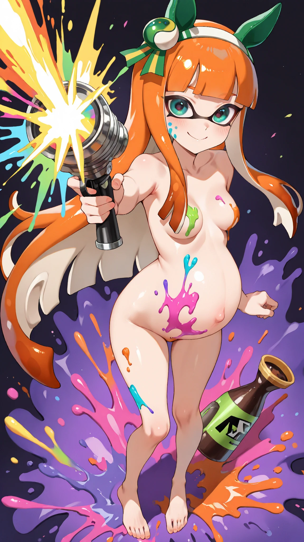 A picture of a woman holding a selfie stick and a coat, She has a selfie stick, Inspired by Masamune Shirow,, She has a long stick in her hand, Expressing joy. Written by Krentz Kuschaert, she has a long cane, She is taking a selfie,Pink nipples,White shoes,Yellow coat