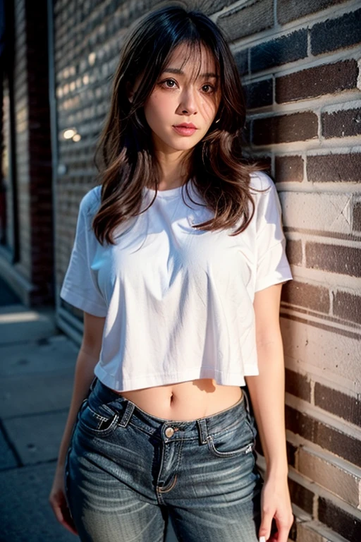 A boldly composed photograph of a Japanese woman that looks like it was taken by a famous artistic photographer, (((Blockbuster art photography)), (8k, Highest quality). A stunning composition using a model with excellent proportions. Perfect beauty model with a confident and balanced appearance, ((Highest quality質)), ((masterpiece)), (Familiar:1.4), ((Highest quality質のリアルな写真)), ((Shot with Hasselblad)), ((Best photo quality)), Beautiful womanの画像,Super Resolution,Slim and perfectly proportioned, Beautiful woman, ((Highest quality質, 8k, masterpiece: 1.3)), Beautiful woman, 1 female, Slim figure: 1.1, Perfect beauty, 20-year-old, (Realistic: 1.4), Ahegao, Shining Sweat, thin, Art photo composition with space around the woman, See through, (((Studio shot))), (((The background is only gray and there is nothing.))), Full body photo, Anatomically correct hand, Anatomically correct legs, anatomically correct whole body, Marble room, White T-shirt and hot pants. Cowboy Shot, (((Holding your crotch with your hand)))、