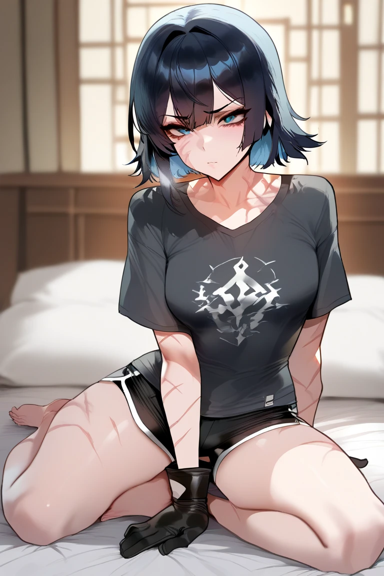 (Pixel art: 1.2), Beautiful Gothic Woman, Sexy Goth Girl, Designer sweatshirt coat with logo, pants, Short black hair with blue tips, Bedroom, Lying in bed, (Isaac Quek: 0.8) [By Ilya Kuvshinov: 0.65]