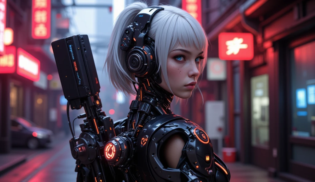 android blue eyes more realistic and more beautiful wearing modern clothes super armed background of a futuristic city