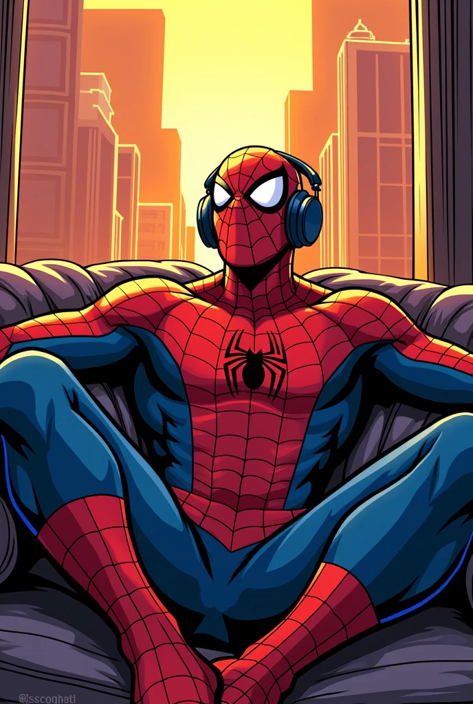 Miles Morales in his black Spiderman suit , comic type , without mask, with his arms behind his head , lying on a spider web and listening to music with big headphones