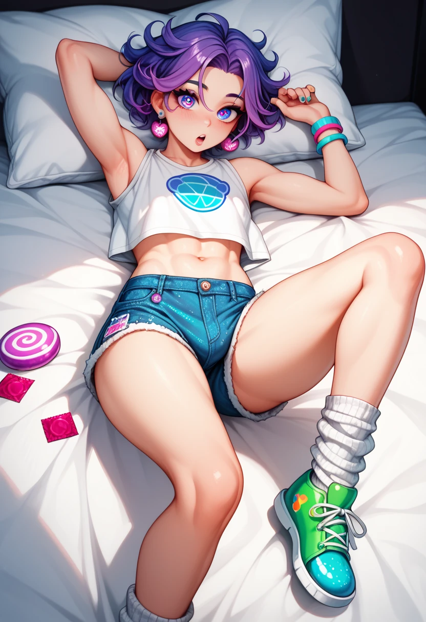 A feminine looking man, rainbow hair, messy chogo, hair that covers the eyes, paint black lips, flirtatious smile, purple mini jacket, fitted white top, purple moni skirt, short rainbow tights, Slim and feminine body.., thick thighs, small breasts, very big ass,taking out his small penis, White skin, lying sexually on a cloud, lgbtq+, pastel colours.