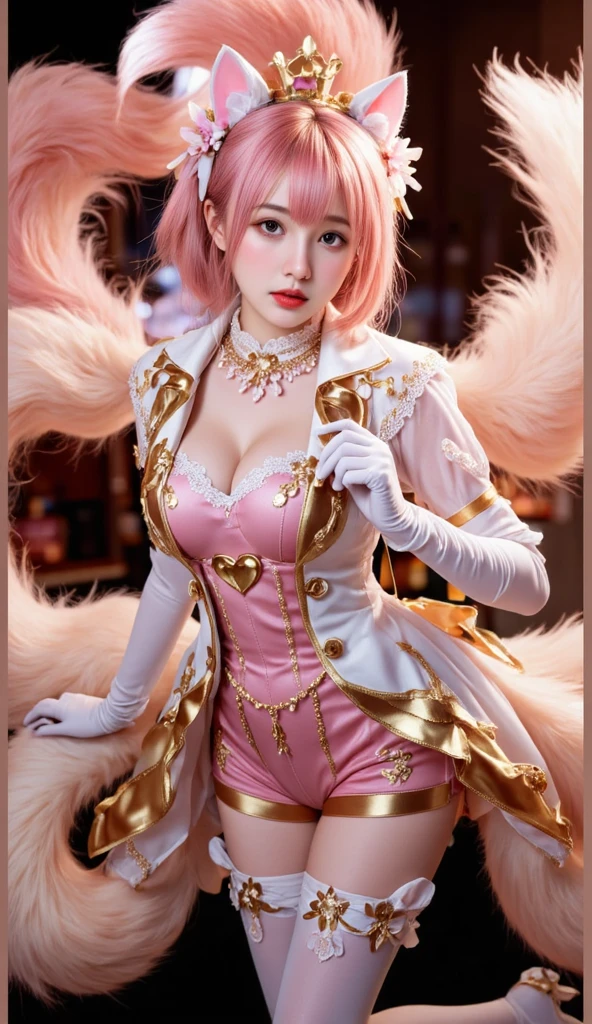 (masterpiece),((ultra-detailed)), (highly detailed CG illustration),(expressionless), (best quality:1.2),(1girl:1.2),High quality texture, intricate details, detailed texture, High quality shadow, a realistic representation of the face, Detailed beautiful delicate face, Detailed beautiful delicate eyes, a face of perfect proportion, depth of field, ((Lens Flare, Ray tracing)), perspective,20s , perfect body, (narrow waist:1.3), distinct_image, (lustrous skin), solo focus, (finely detailed beautiful eyes and detailed face), (streaked hair ), light source contrast, (pureerosface_v1:0.5) , (ulzzang-6500-v1.1:0.5), liliana_melody, 1girl, solo, breasts, large breast, medium breasts, short hair, (pink hair:1.6), bangs, pink eyes, blonde hair, simple background, thighhighs, gloves, hat, (animal ears:1.7), tail, heart, parted lips, shorts, alternate costume, dress, skirt, white gloves, elbow gloves, white thighhighs, fox ears, (fox tail:1.7), multiple tails, high heels, realistic, magical girl, hat, mini hat, top hat, mini top hat, idol, look at camera