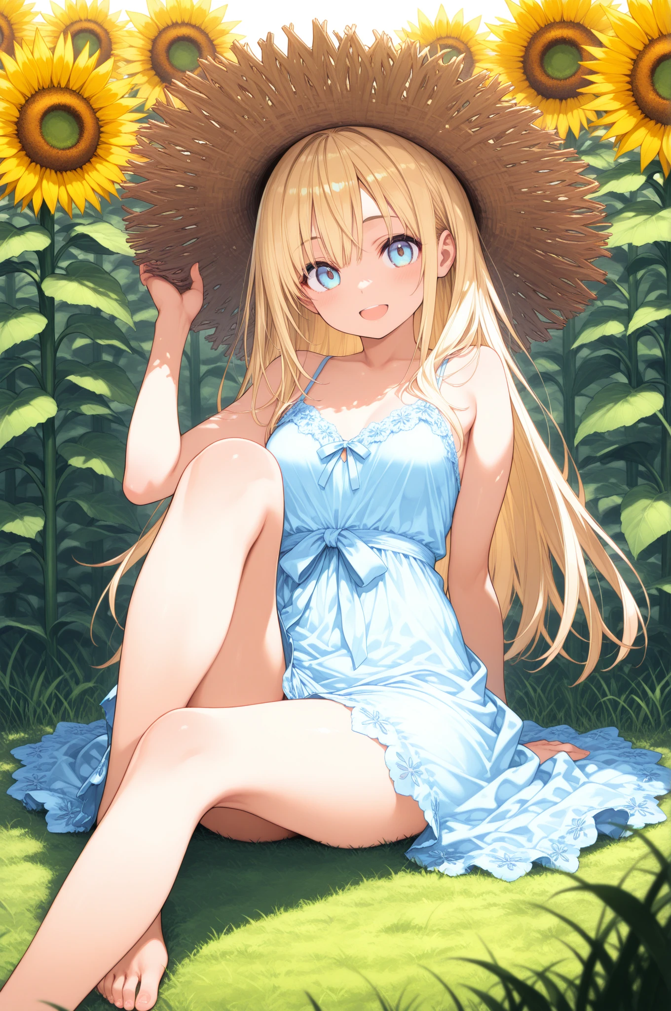 lexington \(warship girls r\),((masterpiece)),(((best quality))),((ultra-detailed)),((illustration)),((disheveled hair)),((frills)),(1 girl),(solo),
1girl, aircraft, airplane, animal, bangs, bare legs, barefoot, blue bow, blue butterfly, blue choker, blue dress, blue eyes, blue flower, blue ribbon, blue rose, blush, breasts, ***, butterfly, butterfly hair ornament, butterfly on hand, butterfly wings, choker, closed mouth, clothes lift, dandelion, dress, eyebrows visible through hair, feet, flower, full body, ginkgo leaf, glowing butterfly, gradient, groin, ***, hair ornament, high heels, holding, holding flower, long hair, looking at viewer, medium breasts, navel, no bra, panties, puffy sleeves, rose, shoes, shoes removed, short sleeves, single shoe, solo, sunflower, sunflower hair ornament, torn clothes, torn dress, torn legwear, underwear, very long hair, white butterfly, white panties, yellow butterfly, yellow flower, yellow rose, flaxen hair, torn sandals