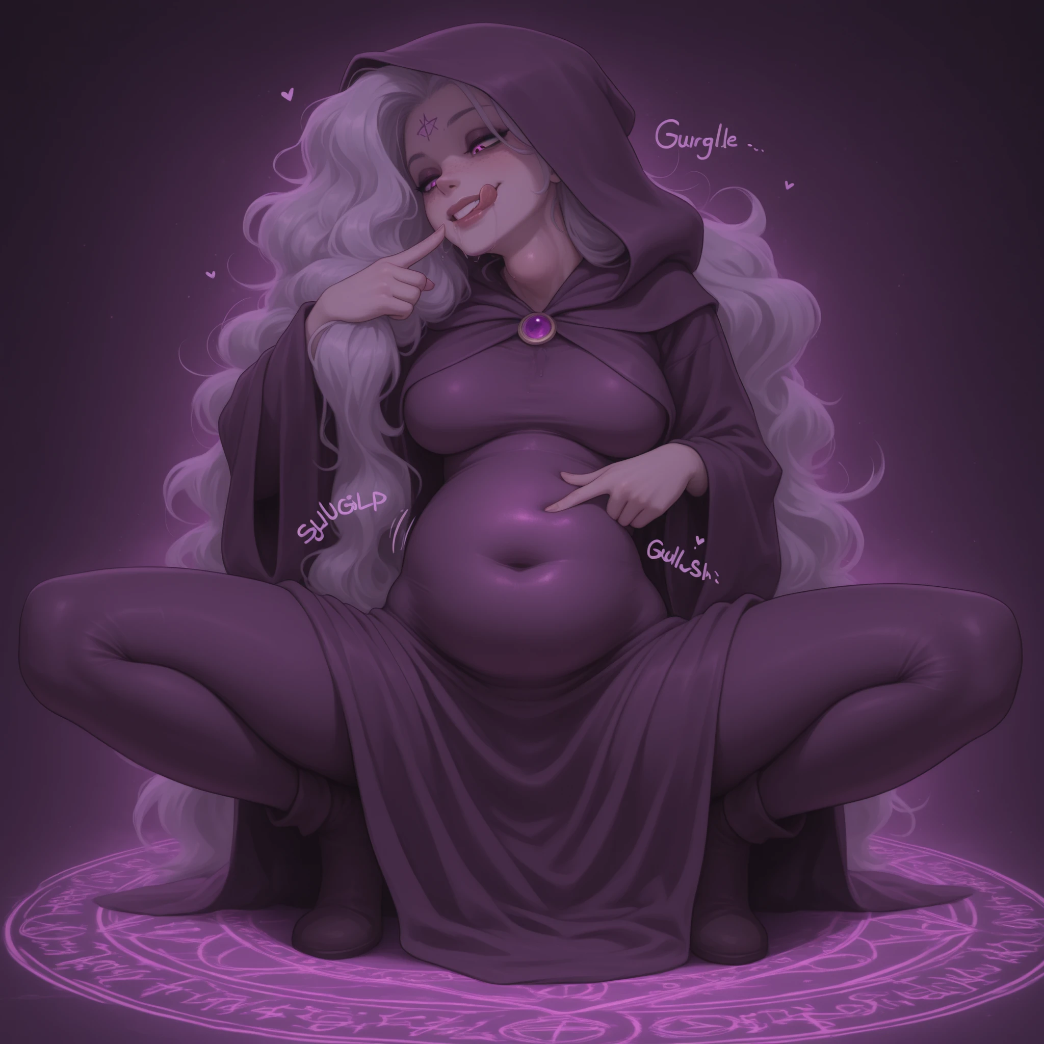 masterpiece, high quality, best quality,
occult ritual circle, occultist woman, occultist robes, extremely long hair, hood, curls, visible forehead,
fully dressed, covered navel, belly concealed by clothes,
visible forehead, freckles, moles, detailed eyes, detailed lips,
slim body, slim waist, slim belly, skinny, athletic, slight muscles, medium breasts,
licking her lips, squatting, swallowing, neck bulge, both hands on her belly, evil grin, looking down at her own belly, neck tilted down, facing her own belly,
she places her finger on her belly above the navel, index finger on her own belly, one finger pointing to her own belly, poking her own belly, she points to her own belly,
digestion SFX, "gurgle" and "slosh" and "glorp" sound effects from her stomach,