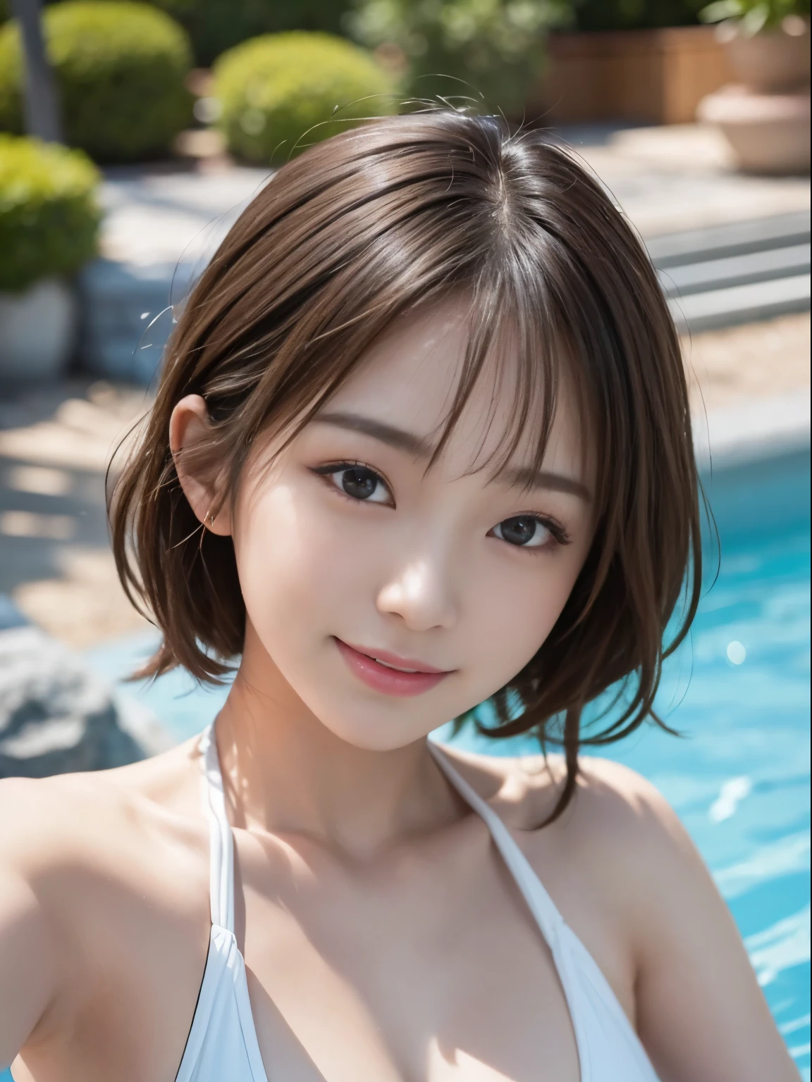 masutepiece, Best Quality, Illustration, Ultra-detailed, finely detail, hight resolution, 8K Wallpaper, Perfect dynamic composition, Beautiful detailed eyes, Swimsuit, Medium short hair,blond hair color ,Small breasts, Natural Color Lip, Random and sexy poses,Random situations，swimming pools,smile,sexy,