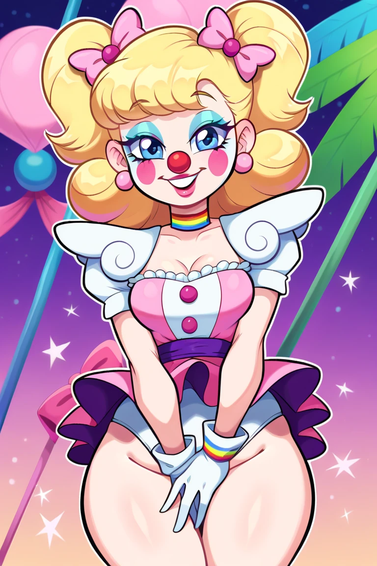 Anime style, source_anime, ((round breasts)), (1Girl), pink eyes, double eyelids, light effect in the eyes, wide hips, best quality, masterpiece, portrait, flirting with viewer, detailed, perfect anatomy, detailed art, high definition, 4k , high resolution, ((sexy clown outfit)), (((doggystyle pose, sex))),