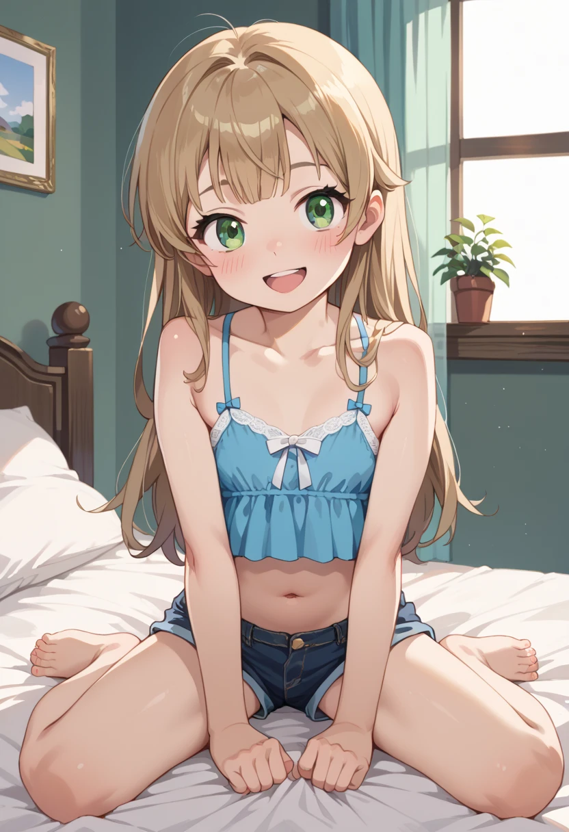 beautiful cute girl,(honey yellow hair:1.2),(random hair:1.1),(long hair:1.1),(light green eyes:1.2),(red cheek:1.0),(lace, camisole:1.25),((lace:1.2)),(underwear:1.25),close up of butt,(spread your legs:1.0),(hand inside underwear:1.15),(masturbation:1.1),(nsfw:1.0),(smile:1.1),(Selfie:1.2).