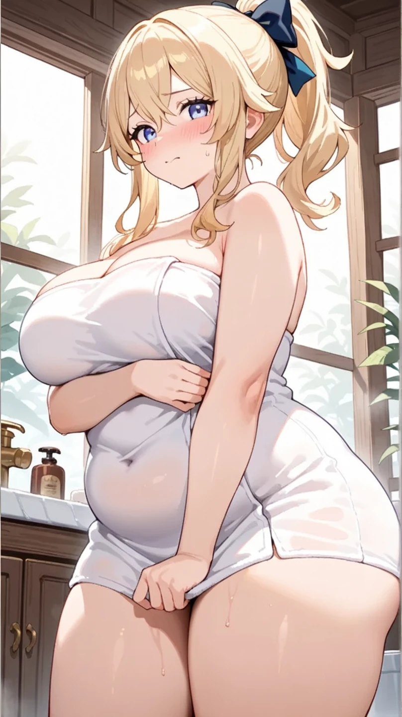 ((Highest quality)), ((masterpiece)), (detailed),
((Very huge breasts))
((Very thick thighs))
((fleshy young woman))
(Tall)
(cleavage)
(Short Blonde side ponytail hair)
Blue eyes
Standing
(((White bath towel only)))
(((Shoot from front)))
Japanese
bath time
Tokyo city