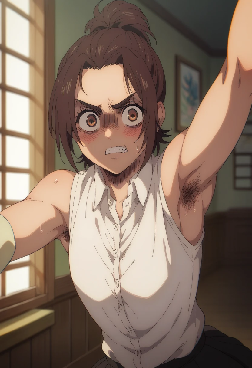 ((((masterpiece, best quality, high resolution)))), Extremely detailed 8K, 1 female, wearing a white Karate gi, (ahegao),white eyes, Small breasts, sash, japanese clothes, No underwear,No eyeballs, Facing the audience, looking at the audience, tired, from below, (Exposed armpit:1.1), ((armpit:1.2)), sexy, Sweating, More and more sweat,(ahegao), (Roll your eyes), open mouth, Sticking out tongue, saliva, Slobber,Skinny, raise arms, (arms above head:1.5)(Ultra HD, Ultra-detailed, Highly detailed, Highly realistic, Ultra-realistic, photograph realistic), (1girl:1.5), (Realistic black hair), (dynamic poses), facing at camera, looking at viewer, (slightly serious face), (perky breasts:1.2), (beautiful detailed face, beautiful detailed eyes), ((worn out karate gi)), (preparing for a fight), sweat, glow, (sunbeam, sunlight), ((cowboy shot)), inside a training gym, seductive, EnvyBetterHands LoCon,
