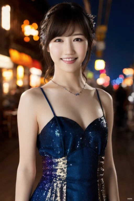 1 Girl, (Wearing a rainbow dress:1.2), (Supercluster), Very beautiful Japanese idol portraits, (RAW Photos, Highest quality), (Realistic, Realistic:1.4), (masterpiece), Very delicate and beautiful, Very detailed, 2k wallpaper, wonderful, finely, Very detailed CG Unity 8K wallpaper, Very detailed, High resolution, Soft Light, Beautiful detailed girl, Very detailed目と顔, Beautiful and sophisticated nose, Beautiful and beautiful eyes, Cinema Lighting, (Fashion magazine photography:1.3), (Outdoor), (night lighting), (Waterfront), (short hair), Complete Anatomy, Slender body, Small breasts, smile