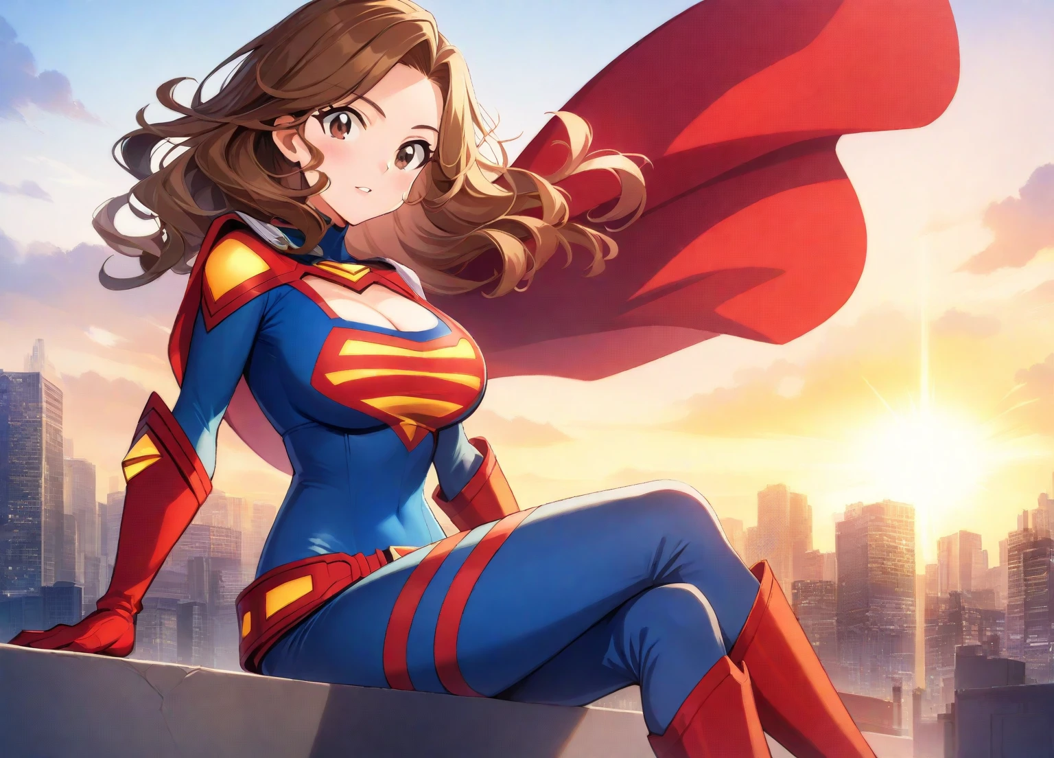 Pregnant superheroine, skin tight sky blue superhero suit, wavy brown hair, sexy superhero pose
