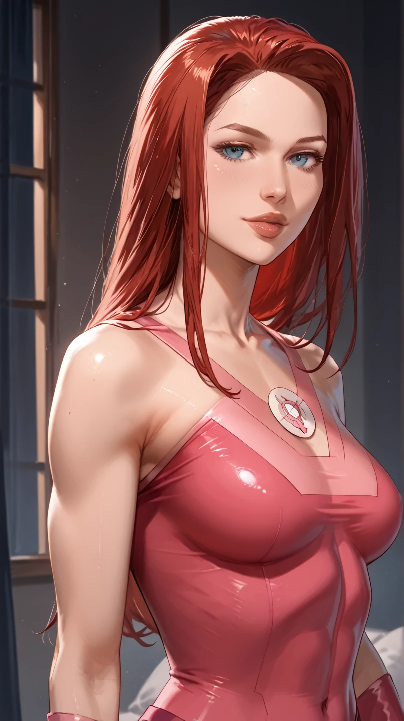 masterpiece:1.2, best quality), realistic, (real picture, intricate details, depth of field), (1girl, solo), make up, parted lips, highly-detailed, perfect face,
(huge breasts:1.4), (skindentation), thick thighs, wide hips, small waist, tall, glossy coral lips,
red hairs, red eyes, long messy hair,
(A girl playing football, blue football uniform), (sweating:1.2), (wet), sexy, blushing,
Body position: Standing, straight, symmetrical, barefoot,
Lustful smile on face with red blush,