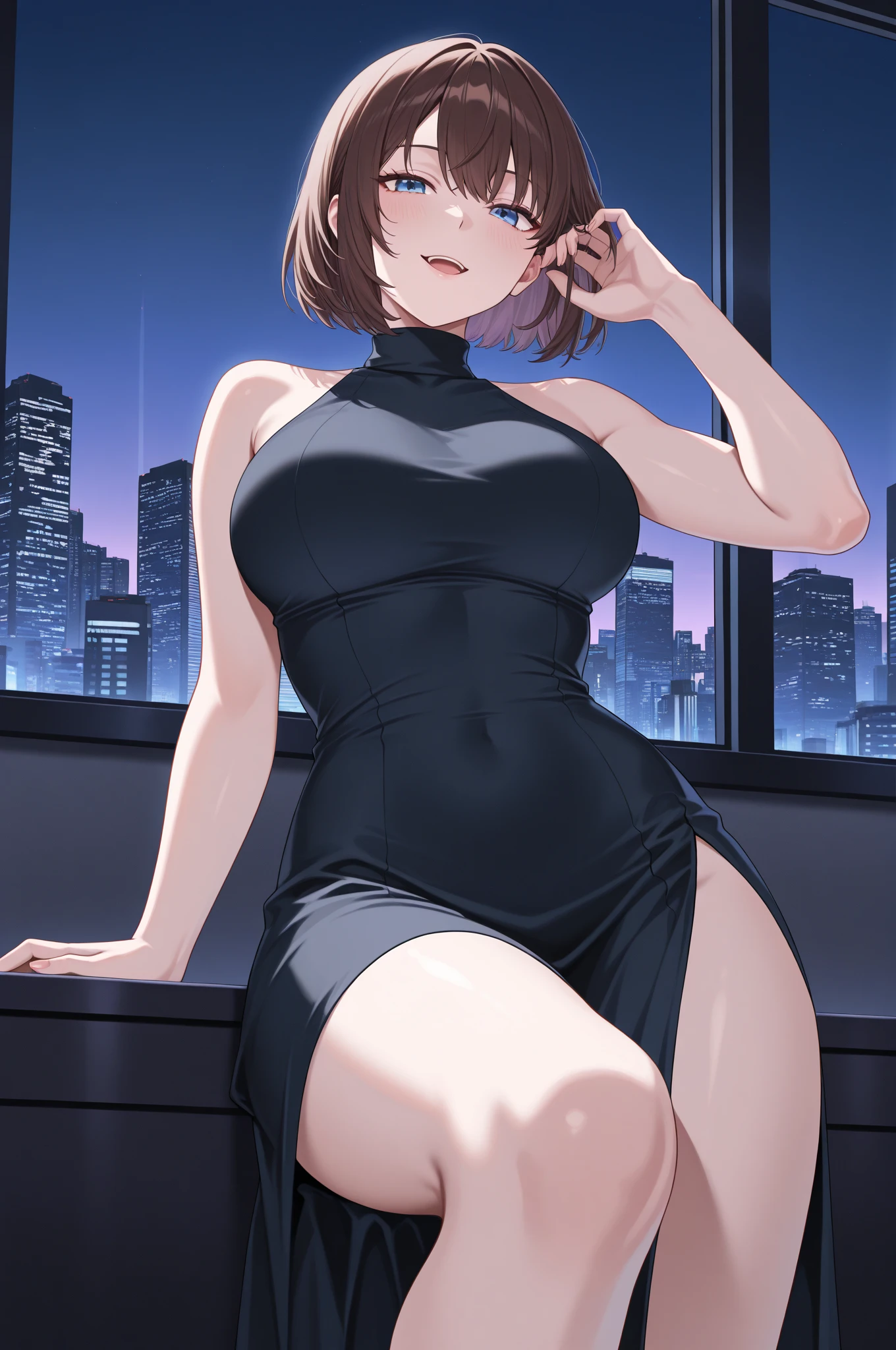Young woman 18 years: 1.3, Short blonde hair: 1.2, Tall: 1.2, Occupation: 1.2, Nighttime: 1.2, Bedroom: 1.2, Film lighting, Sitting Pose, Best quality, 8k, short black dress, strapless black dress, bare shoulders, bare arms, large breasts ((anime strokes)) Korean girl, seductive look, sexy, open mouth and smiling ((medium breasts)) (best quality), black high heels 