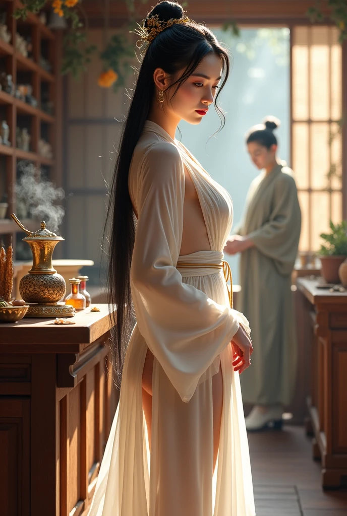 Ancient China Tang Dynasty, a naked woman standing in a wooden bathtub in a room Ancient China Tang Dynasty, a naked woman standing in a wooden bathtub in a room, with a maid waiting to put on a white robe from behind.