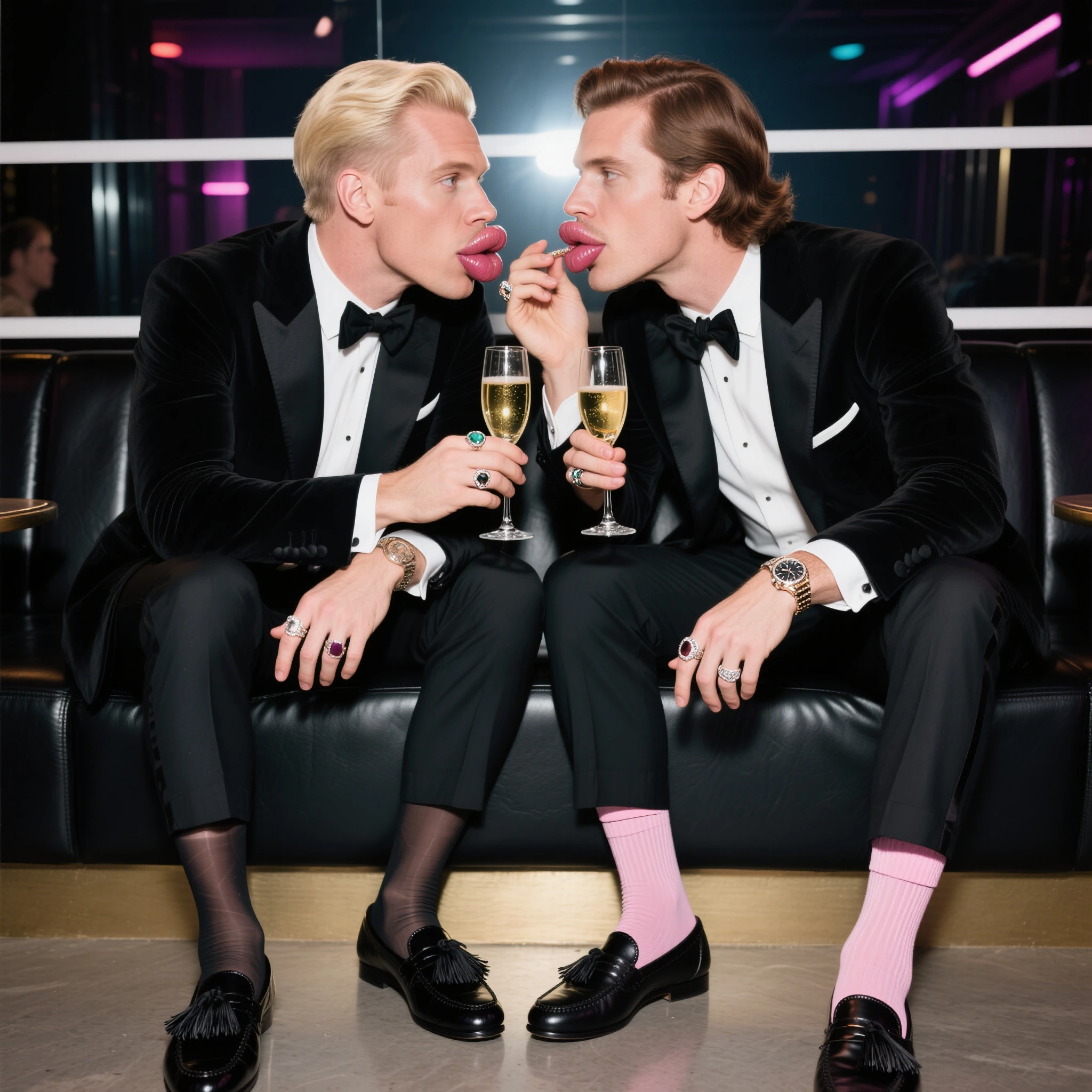 full body, A beautiful White wealthy blond man with stylish preppy undercut haircut, massive inflated siliconed, wearing gold rings, necklaces, bracelets, wearing a Fox fur coat and Fox fur hat, belgian elegant loafers and white socks, is kissing a poorly dressed young muscular black scally boy in the back of a limousine