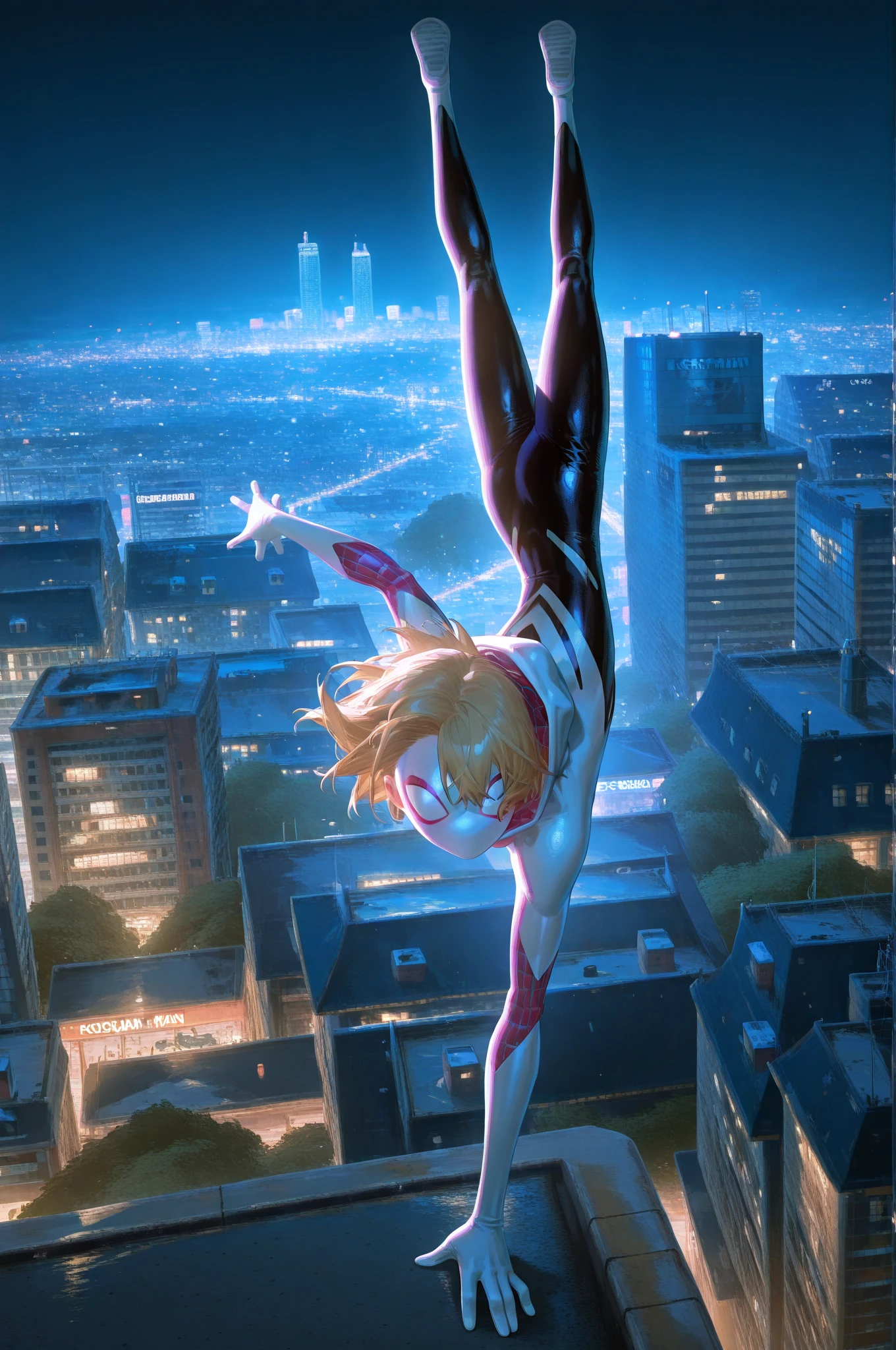 Best Quality, Superb Works, 8K Ultra HD Resolution, 8:21 Picture, 1Girl Only, Age Sixteen, Short Curls, Blonde Hair, Beautiful Face, Beautiful, Exposed Belly Button, Beautiful Waist, Beautiful Girly Buttocks, Rain, Spider - Flying Crossing the Top of City: 1.8, Spider Woman!, Spider Woman!!!, ( ( Spider Woman ) ), Spider Woman, (short blonde hair:1.9), (showing beautiful navel: 2.0), (T-back only: 1.8), (exposing beautiful thighs: 1.9), hero pose, Spider-Woman launches spider silk, looks down at colorful city lighting, incredible, absurd, Marvel style, super hero style,