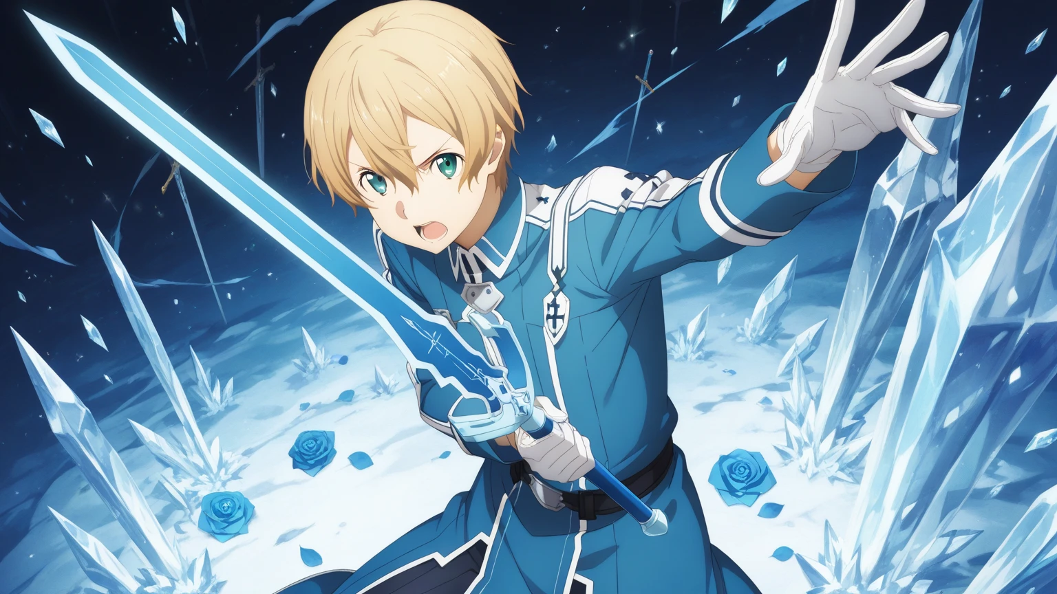 <lora:eugeo:0.6>, 1boy, eugeo, looking at viewer, standing, cowboy shot, full body, smiling, sword, castle, fighting