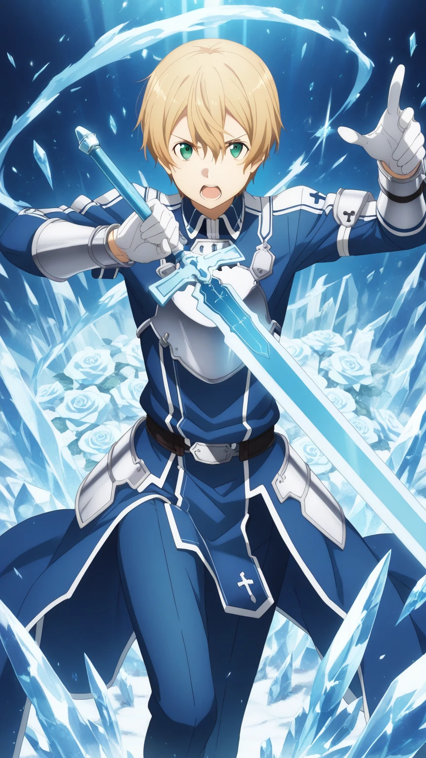 blue and ice silver color armor, wearing shining armor, masterpiece, 4k, eugeo (sword art online), 1 boy, knight, black and white, lineart, manga, sketch art