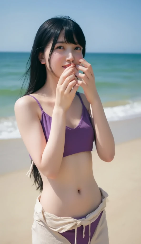 ((Highest quality、8k、masterpiece、High resolution、High resolution、High resolution:1.3))、(Full body photo、Full body photoを撮る、RAW Photos:1.2)、One Japanese woman、21-year-old woman、Japanese Gravure Idol、Female college student、8 Lifestyles、Very cute woman、Very stylish woman、height: 165cm、(Very beautiful beach、In the sea of Okinawa、Very beautiful sandy beach、Cobalt Blue Sea:1.2)、Kneel、Kneel、Kneelでポーズをきめる、Please look at me、Look at me with a smile、((Off-the-shoulder bikini:1.3))、With a refreshing smile、Beautiful Face、Well-groomed face、Beautiful Face、Detailed eyes、Beautiful dark brown eyes、Long eyelashes、Detailed nose、Beautiful Nose、Detailed lips、Very shiny lips、Beautiful teeth alignment、Natural Makeup、Narrow side、Realistic skin texture、Very beautiful skin、Dark brown medium long hair、Loose wavy hairstyle、Very beautiful and fine hair、シンプルなhair accessory、hair accessory、Beautiful neck、Beautiful clavicle、Simple design necklace、Thin arms、Slim figure、Tight waist、Beautiful legs、Long legs、Beautiful feet、Wear expensive high heels、Black high heels、Simple design earrings、超High resolution、Center of chest、D cup bust、Beautiful breasts、Shapely bust、thin lace bra、Okinawa 2 PM、On a sunny sea、You can see the ship in the distance、The clothes you took off are scattered at your feet.、Freshly removed T-shirt and jeans、Woman in underwear、luxury bra and panties、Sea of Japan、Southern Island Plants、Beautiful atmosphere、With a bright smile、Sharp face line、Toned thighs、Small face、Gravure idol with emphasis on breasts、Dark brown eyeliner、dark orange lips、Shadow Highlight、Pink Cheeks、concealer、Sexy Lingerie、Natural light、sunlight、Professional photos、The focus is on women、South island vacation、Beautiful fingers、pale pink nails、Beautiful fingers先、Wind、shapely fingers、Perfect Fingers、blue eyes