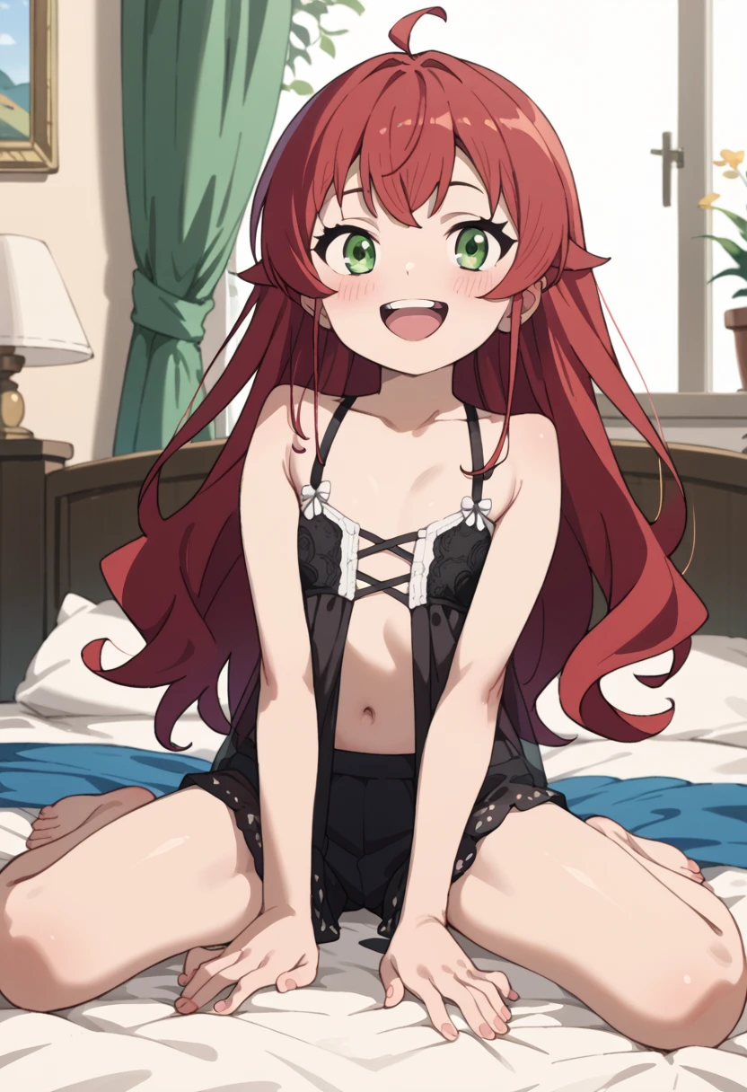 Northern Ninth Generation, Ikuyo Kita, (Green eyes:1.5), hair between eye, Long hair, One side up, Red hair, (flat chest:1.2),
BREAK lingerie,
BREAK looking at viewer,
BREAK indoors, bed,
BREAK (masutepiece:1.2), Best Quality, High resolution, Unity 8k壁纸, (Illustration:0.8), (Beautiful detailed eyes:1.6), extra detailed face, Perfect Lighting, extremely details CG, (Perfect hands, Perfect Anatomy),, Solo, masutepiece, Best Quality, Detailed face, Face Focus, (Evil smile), Smirk, Happy, (Vulgarity:1.2), steam, Breathless, Sweat, shiny nipples、Smaller chest、large areola、Black Lace Micro Bikini, Long gloves, black elbow gloves, Latex, (condomsベルト), condoms, BREAK, ming、thigh high boots、Absolute area、high-heels、Curly