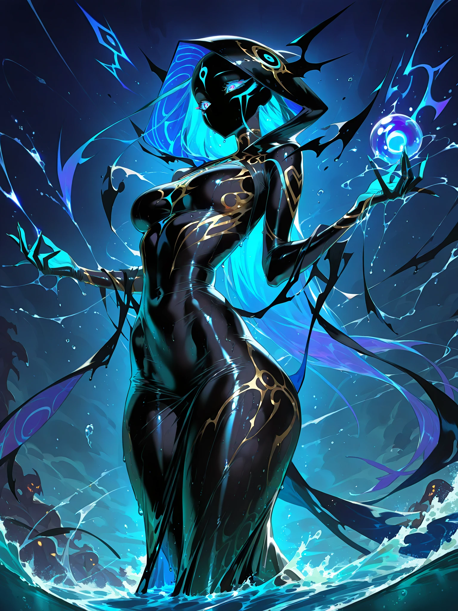 best quality, masterpiece, highres, absurdres, phantom assassin arcana, facing viewer, beach, glowing eyes, <lora:pa_arcana_v1:0.8>, full body,