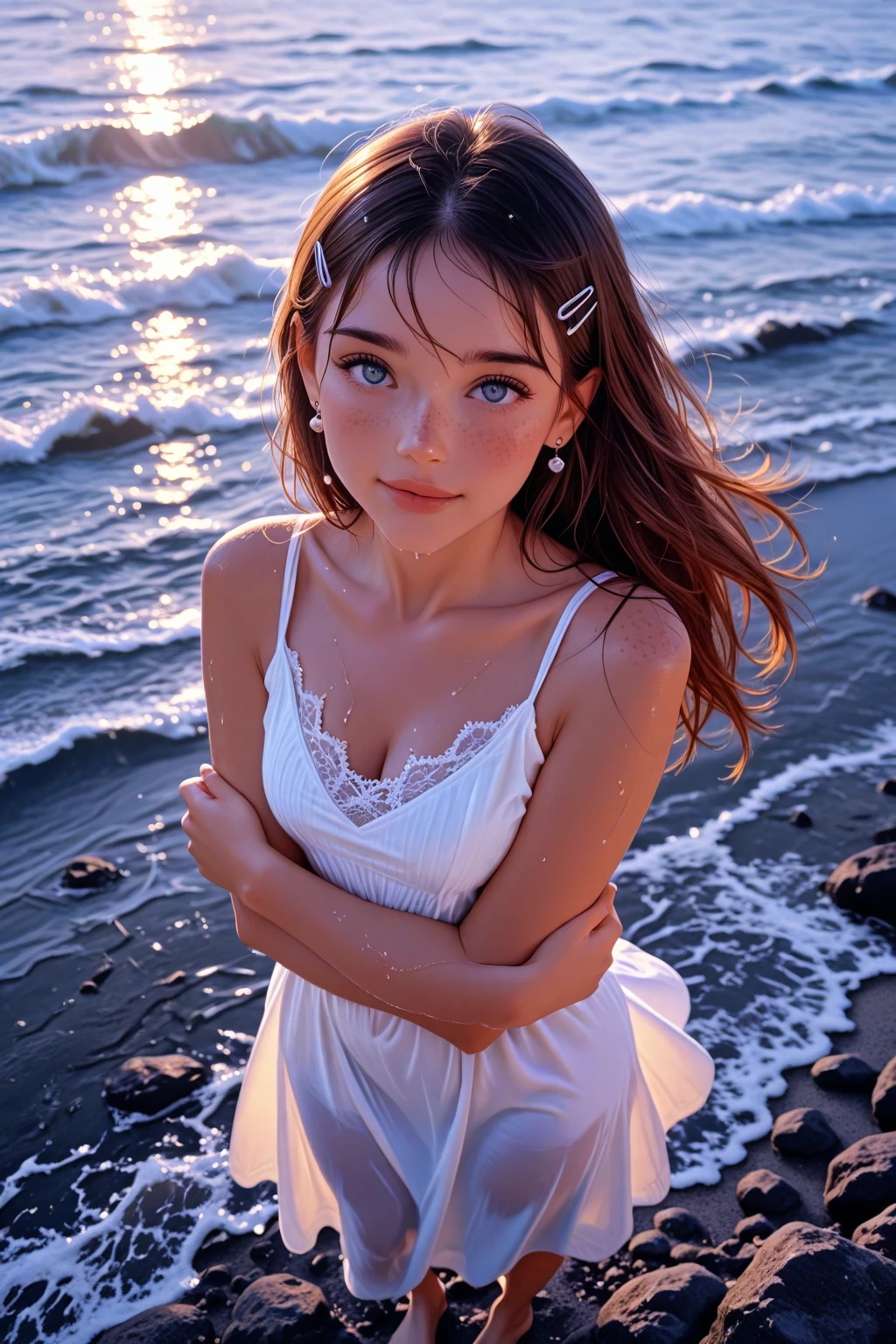 ((Girl lying on sandy beach))、(One Girl)、(absurderes、hight resolution、Ultra-detail)、Close-up of face、Face Enhancement、Face focus、diagonal、Depth of written boundary、One person&#39;s perspective、F/1.8、135mm、Canon、Full Body Shot、Wide-angle lens、(Golden White Long Hair Straight)、Shiny and beautiful hair、Beautiful Skin、Luscious Skin、Beautiful Eyes、With bangs、Off the shoulder、Eyes are highlighted、Unbroken hands、Rich lighting、Big voluptuous breasts、Pale pink lips、Soft lips、(Slightly open mouth)、High Definition CG8k Wallpapers、Featured Details、 Portrait、sight、(solo)、Half Shot、 Fine face、 A little smile、Dynamic Pose、 Gray Hair、 Silver Hair、 (blue sky、White clouds flowing),Date Scene、 ((Pink Bikini))、 (Sexy pose)、