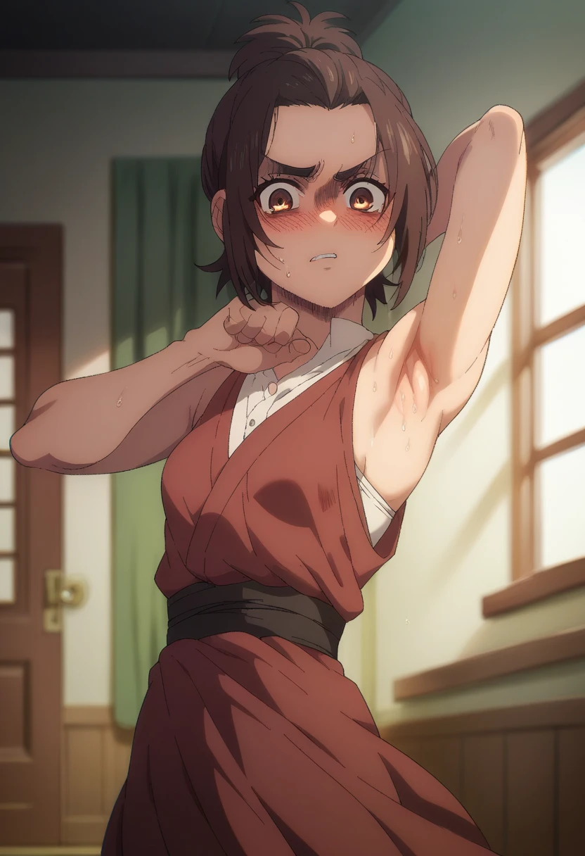 ((((masterpiece, best quality, high resolution)))), Extremely detailed 8K, 1 female, wearing a white Karate gi, (ahegao),white eyes, Small breasts, sash, japanese clothes,  No underwear,No eyeballs, Facing the audience, looking at the audience, tired, from below, (Exposed armpit:1.1), ((armpit:1.2)), sexy, Sweating, More and more sweat,(ahegao), (Roll your eyes),  open mouth, Sticking out tongue, saliva, Slobber,Skinny, raise arms, (arms above head:1.5)(Ultra HD, Ultra-detailed, Highly detailed, Highly realistic, Ultra-realistic, photograph realistic), (1girl:1.5), (Realistic black hair), (dynamic poses), facing at camera, looking at viewer, (slightly serious face), (perky breasts:1.2), (beautiful detailed face, beautiful detailed eyes), ((worn out karate gi)), (preparing for a fight), sweat, glow, (sunbeam, sunlight), ((cowboy shot)), inside a training gym, seductive, EnvyBetterHands LoCon,