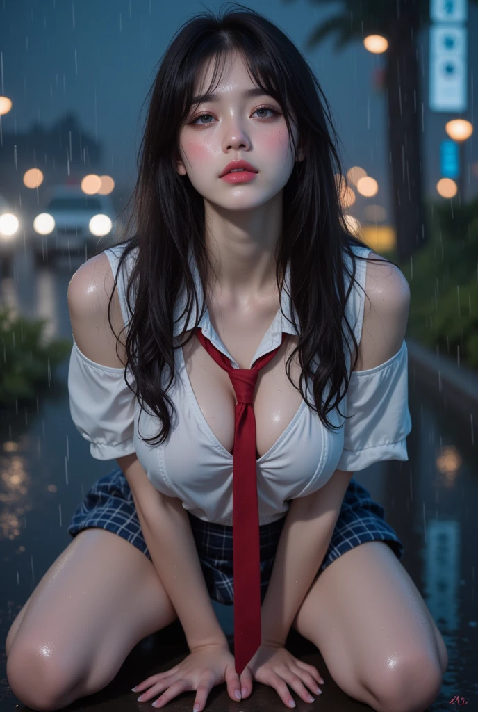 ((Highly detailed)),End product,Highly quality,Highly resolution,(Pretty eyes and face),detailed skin,detailed eyes and face,1girl,(wet:1.2),sitting,(skirt,can see panties:1.3),Japanese school shirt,deep cleavage,meadow,looking at viewer,shyness,long hair,navel,e cup breasts,atmosphere,Natural Light,Wind blowing, <lora:br_max-000014:0.4>, <lora:more_details:0.6>