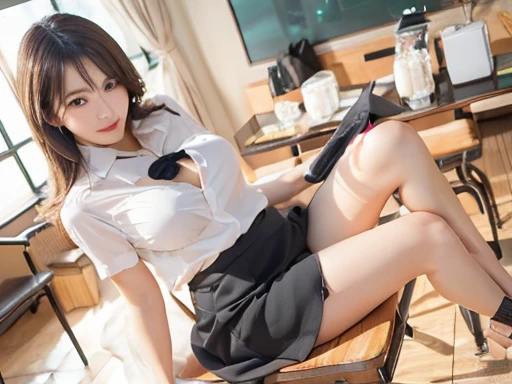 (1 girl), highly detailed girl, solo, ((highly detailed face)), extremely detailed CG unified 8k wallpaper, highly detailed, raw color photos, professional photography, Realistic, (slender, cleavage:0.8), ((wearing high school uniform with open chest:1.45)), (looking at viewer, embarrassed:1.6, ashamed:1.45, sleeping:1.2, close eyes:1.24, upturned eyes, flustered, open mouth), dark pleated skirt, bedroom,(from above lying on her back, head on a pillow, spread open legs, highthigh, black stockings, cameltoe:0.8, full body)