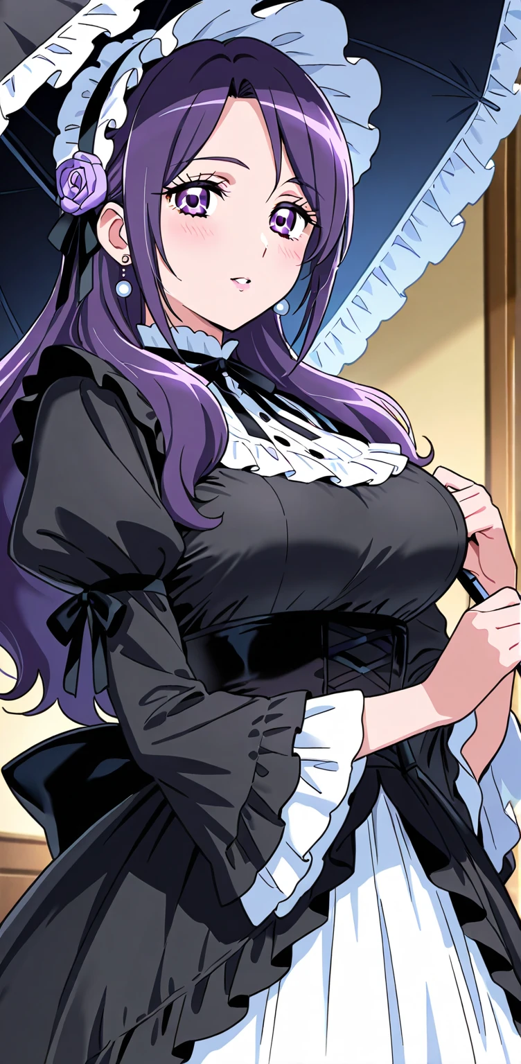 rifa,1 girl,(紫colorのeye, 紫colorの髪),bangs,Long Hair,(Maid, Maid headdress, Maid apron, Off the shoulder, Frills, Black neck ribbon,(Covered breasts), Long sleeve, hair ornaments), 
20 years,young woman,beautiful long legs,beautiful body,
beautiful Nose,beautiful character design, perfect eye, perfect face,expressive eye,Perfect balance,
View your viewers,(Focus on her face), (Innocent_big_eye:1.0),
Anime art style,Dynamic Angle,Official Art,Very detailed CG ユニティ 8k 壁紙, Perfect lighting,colorful, bright_front_face_Lighting,White skin,
(masterpiece:1.0),(Highest_quality:1.0), 超High resolution,4K,Very detailed,
photograph, 8k, High resolution, High resolution, (Absurd:1.2), Kodak Portrait 400, Film Grain,  Lens flare, (Vibrant_color:1.2),プロのphotograph,
(beautiful_Big Breasts:1.4), (beautiful_face:1.5),(narrow_Waist),