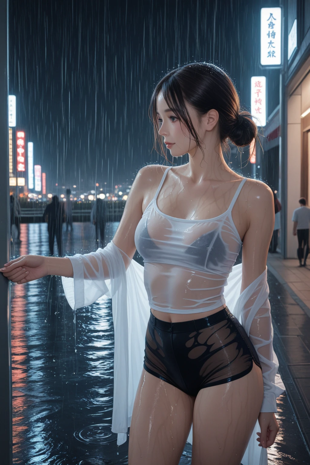 ((Highest quality、masterpiece、High resolution))、(((Cowboy Shot)))、(Wet body、Wet Hair、Shy smile:1.2)、1 female、20-year-old、Beautiful Skin、Beautiful Eyes、Sportswear、Cutting bangs、Brown Hair、ponytail、Blurred night bustling street background、