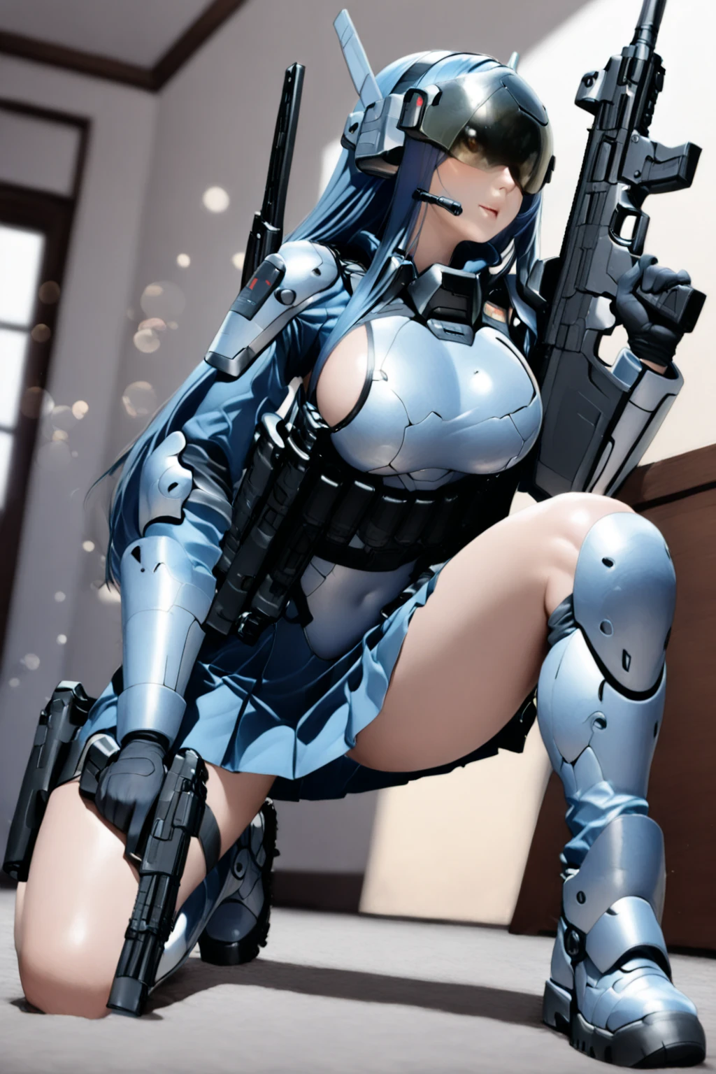 (masterpiece, highest quality, highest resolution, distinct_image, detailed details): (Solo, Girl Alone, Face Is Japan, Blue Haired Girl, Short Hair, Full Body, Sideways, Small Size Breasts, Sparkly Blue Color Eyes, Pilot Suit in Metallic Tone White and Blue, Black Color, Tight Fit Clothes, Full Body Covering Clothes, Beauty, Slim Body, Exoskeleton, Boots, Heroine, Lying on Your Back Open legs, arm-length gloves, headset)