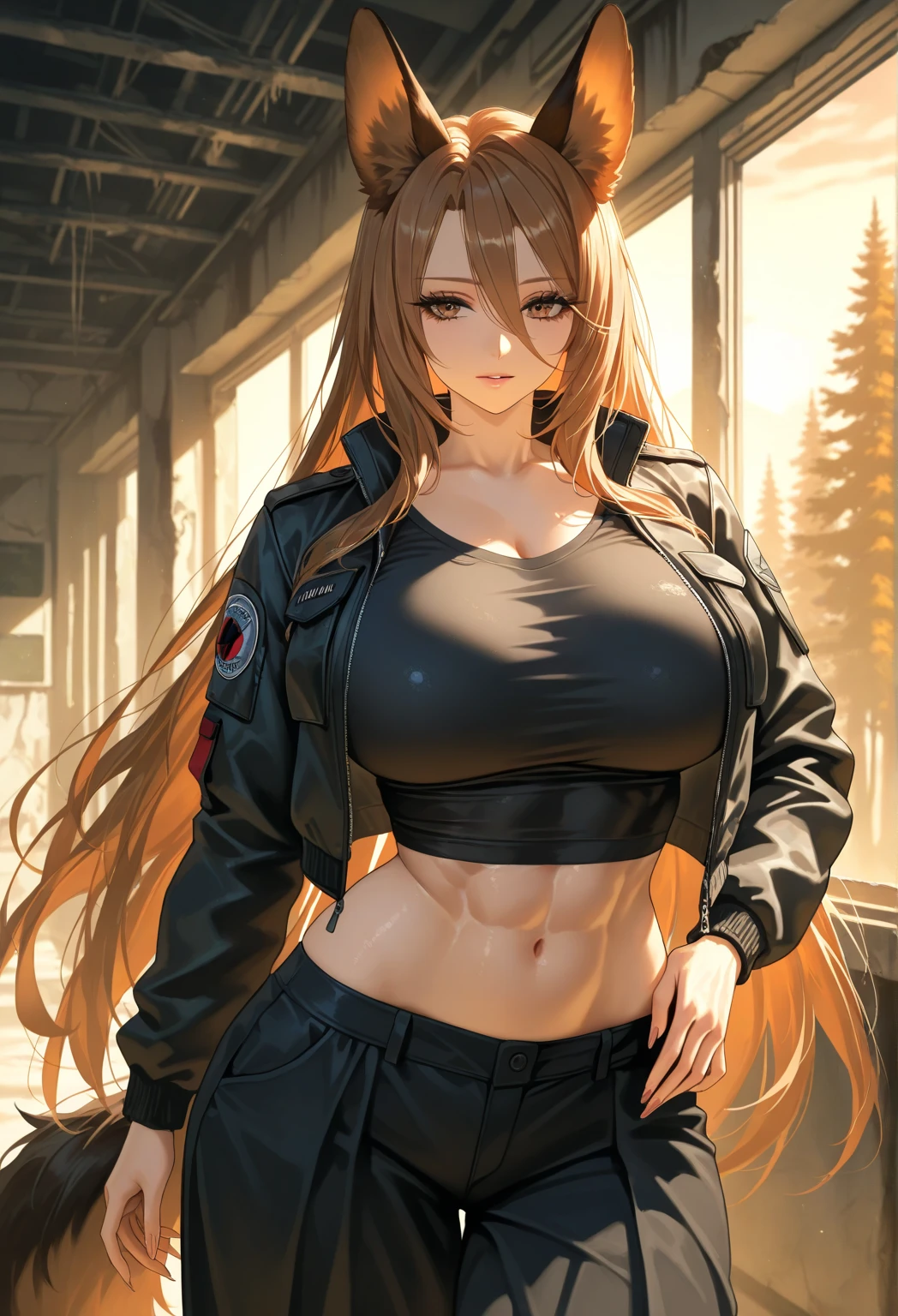 young girl, Long red hair, high ponytail, brown eye, Black sleeveless t-shirt, open belly, camouflage military pants, Katanas, Masterpiece, hiquality