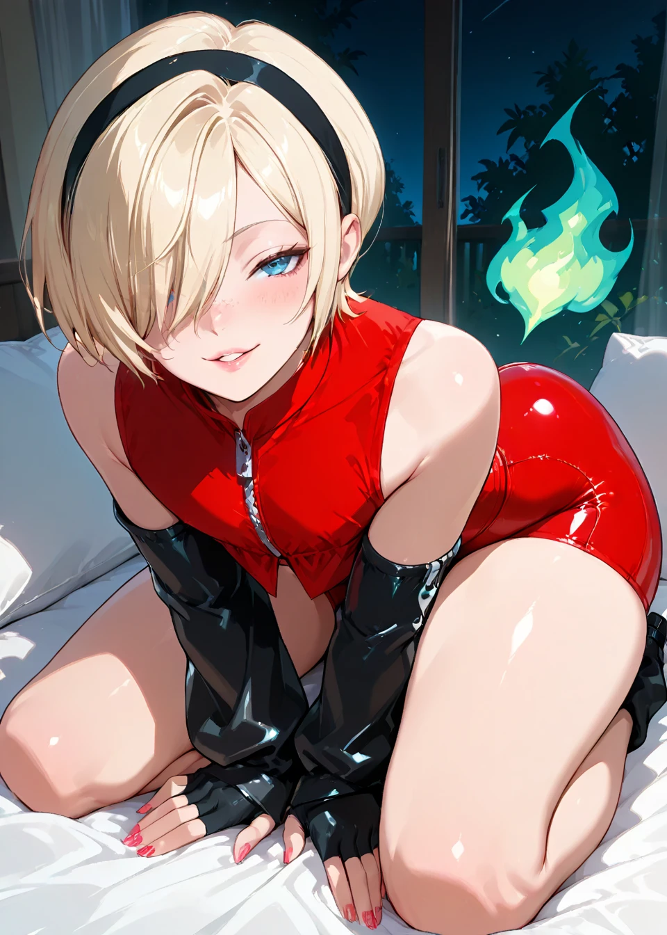 of the highest quality, masterpiece, A girl, alone, chest, detailed face, Microvestido, (dorado), ((tight)), blush, eyelash, chestの谷間, belly button, facial focus, evil smile, smile, corruption, (o ring), (Shiny and gossy skin:1.2), choker, jewelry, earrings, collar, Knee High Socks, arms at the sides, Elbow slot, In the office in the background, evening,eyes are hearts.、((Ahegao))、crouched、((Leg separation))、stiletto heels、((Front view))、in front of the viewer、((Partizambo))、chubby